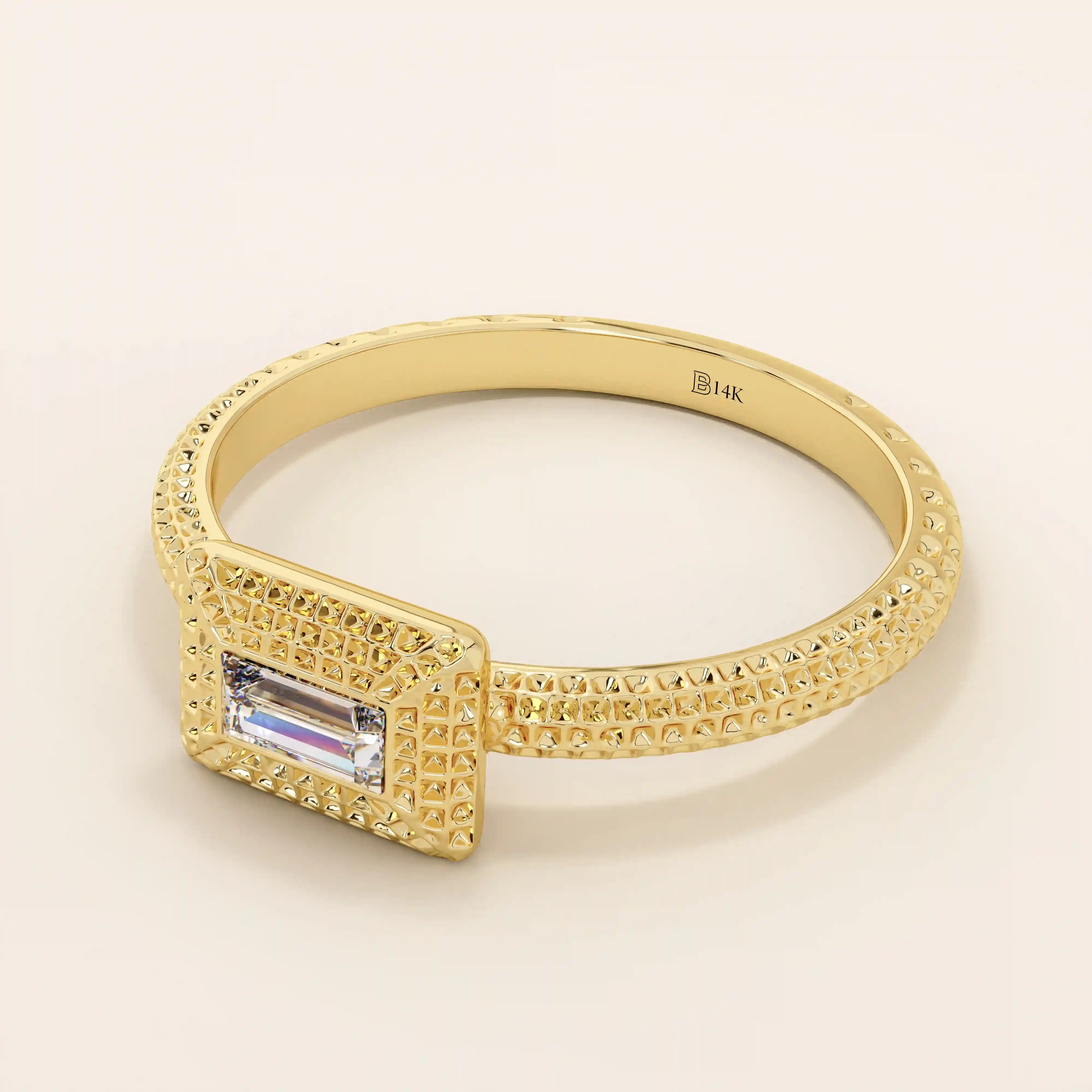 14k solid gold textured band bezel set baguette engagement ring for women