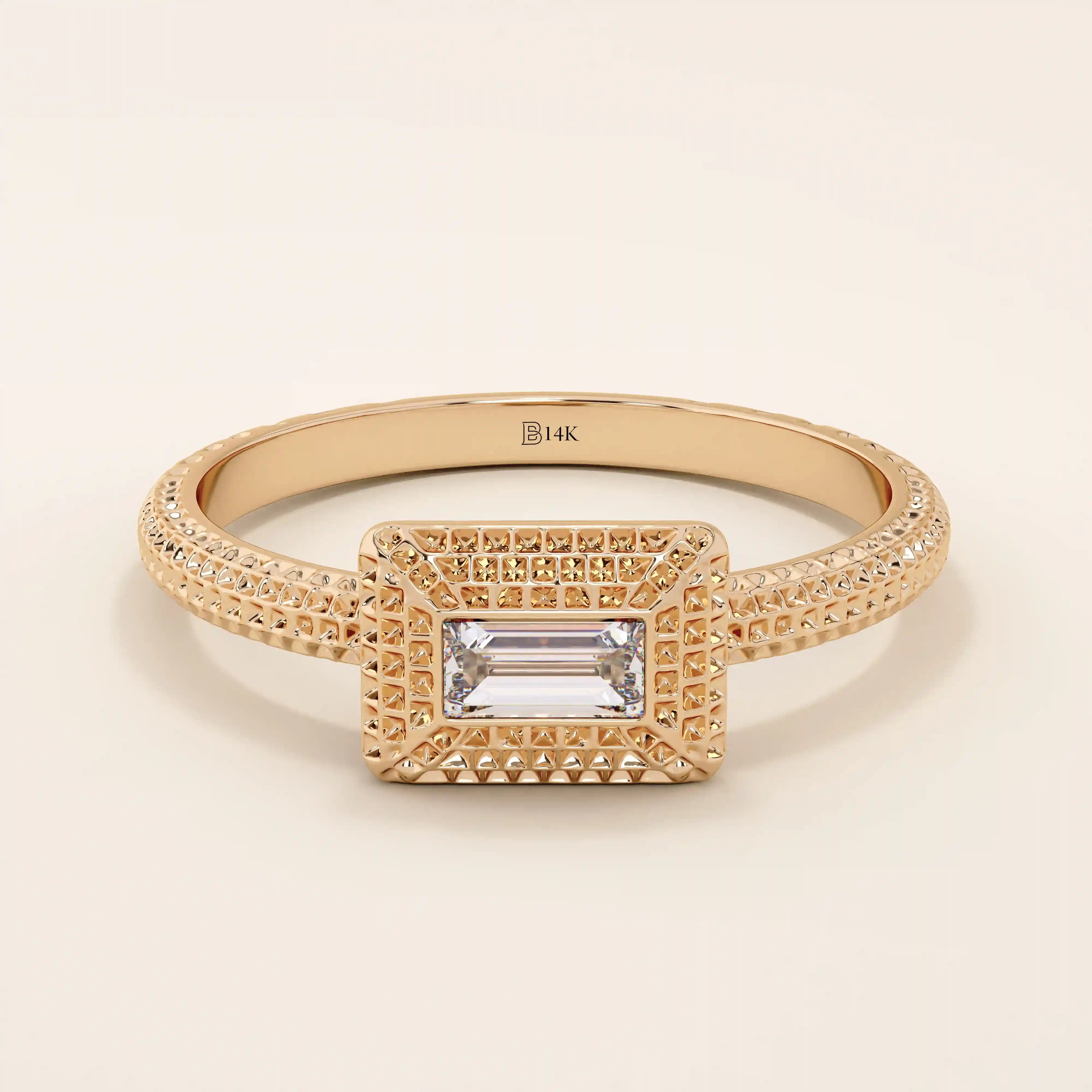 14k solid gold textured band bezel set baguette engagement ring for women