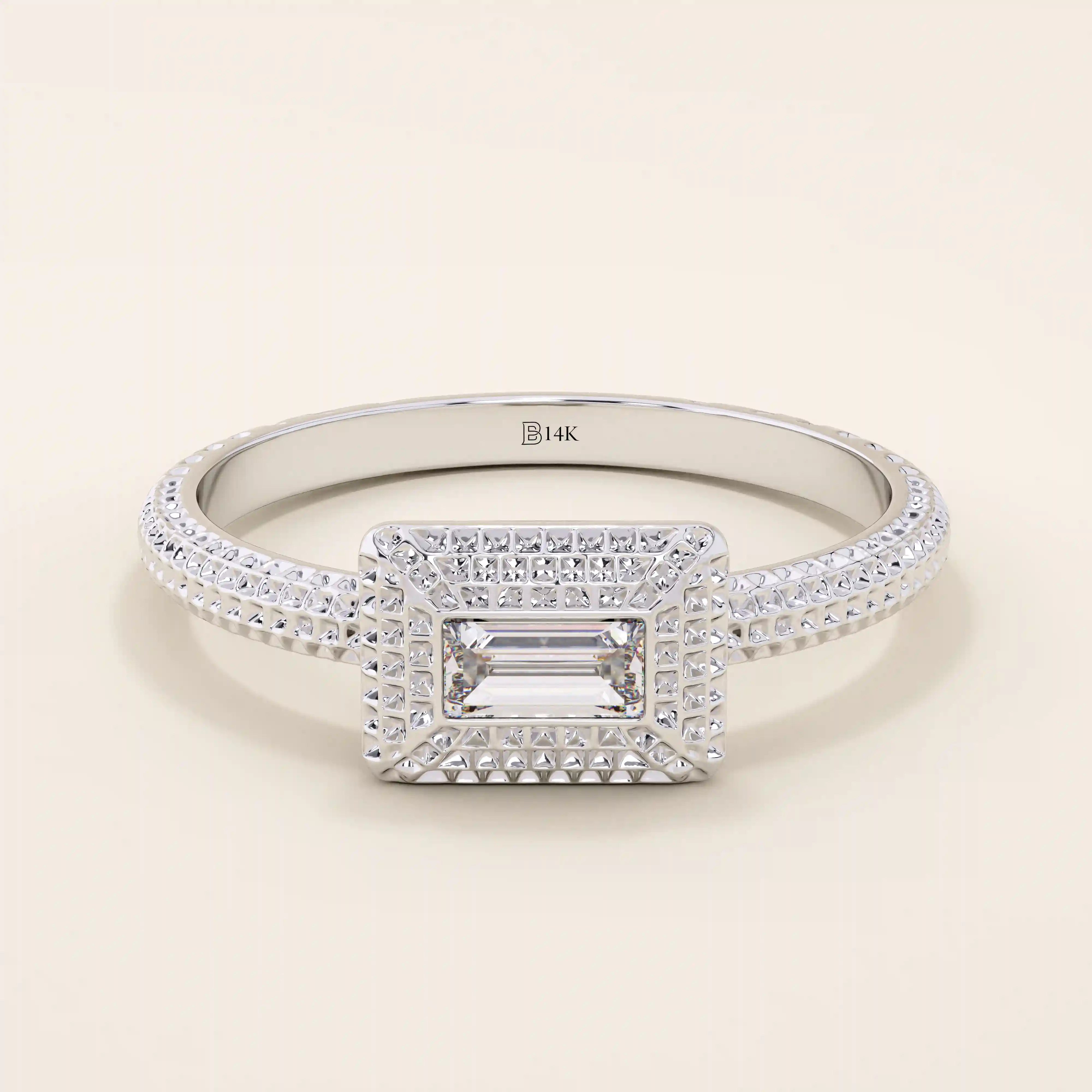 14k solid gold textured band bezel set baguette engagement ring for women