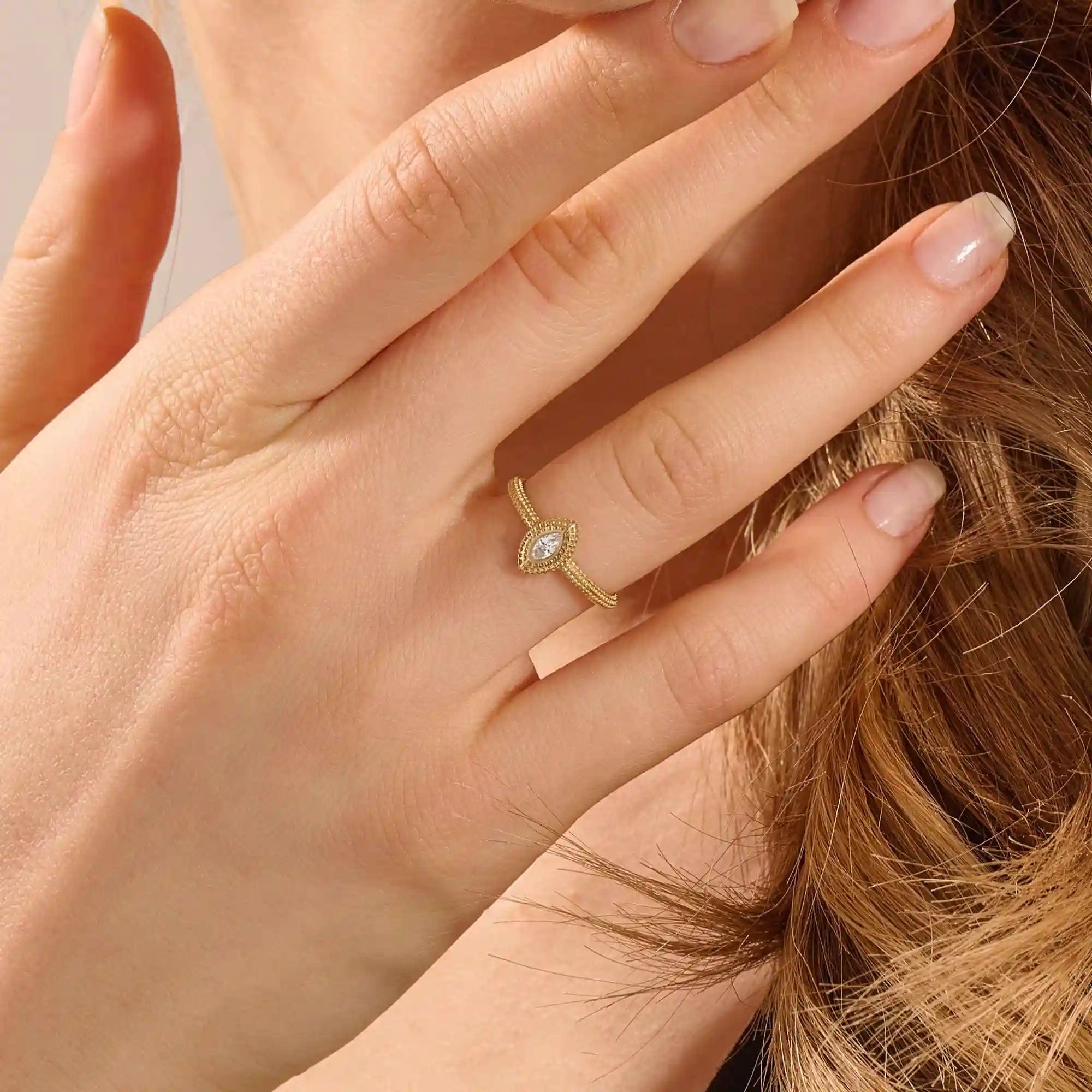 14K SOLID GOLD TEXTURED BAND BEZEL MARQUISE ENGAGEMENT RING FOR WOMEN