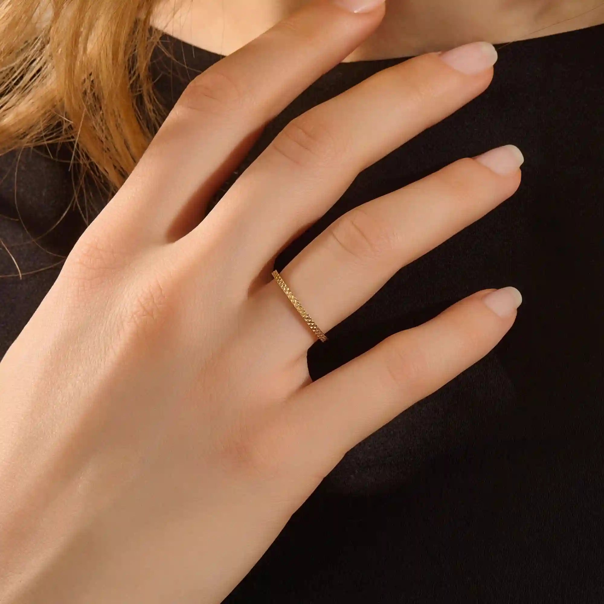 14K SOLID GOLD UNISEX DESIGN SLIM TEXTURED BAND STACKING WEDDING RING