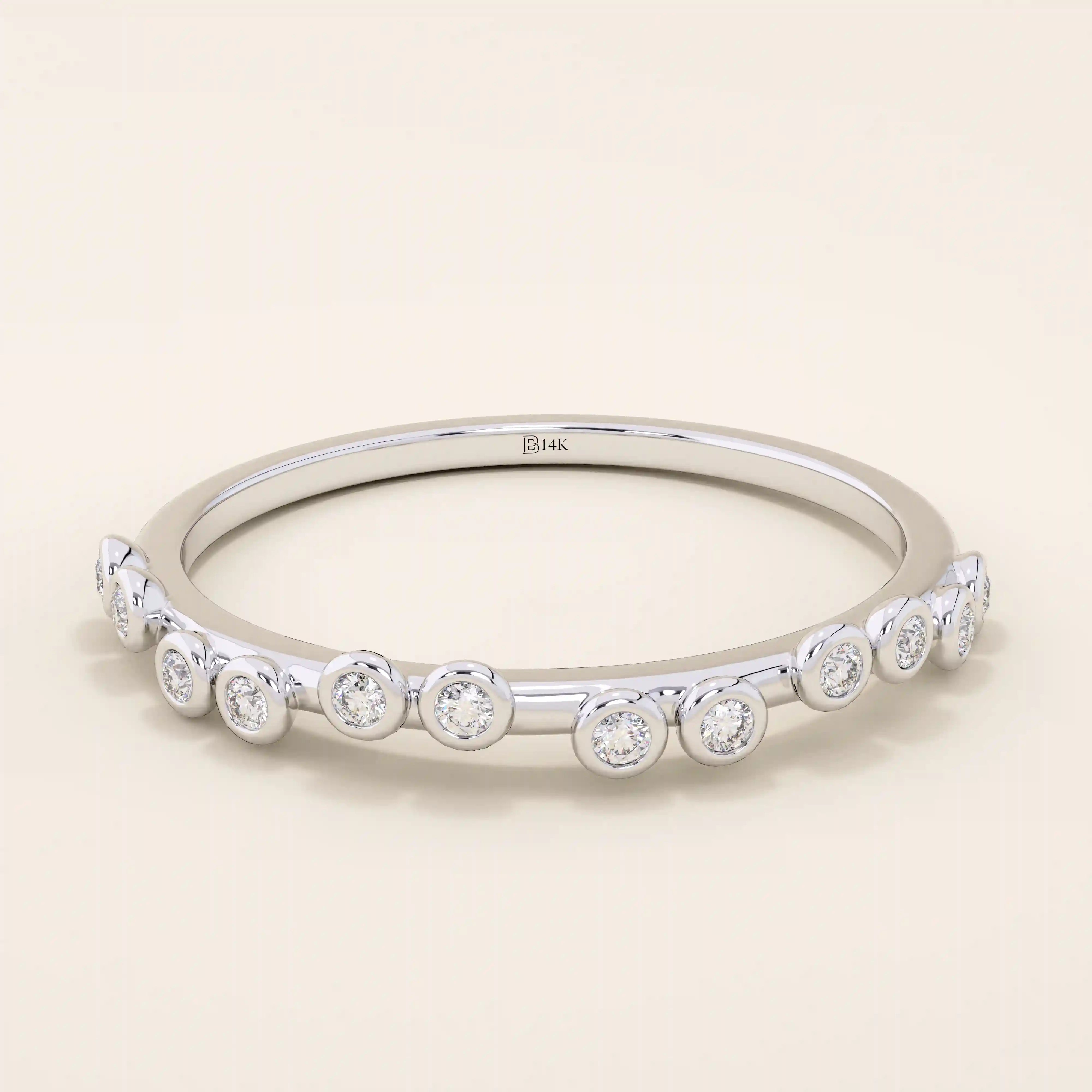 HALF ETERNITY TINY BEZEL SET STONES SLIM BAND STACKABLE WEDDING RING IN 14K SOLID GOLD FOR WOMEN