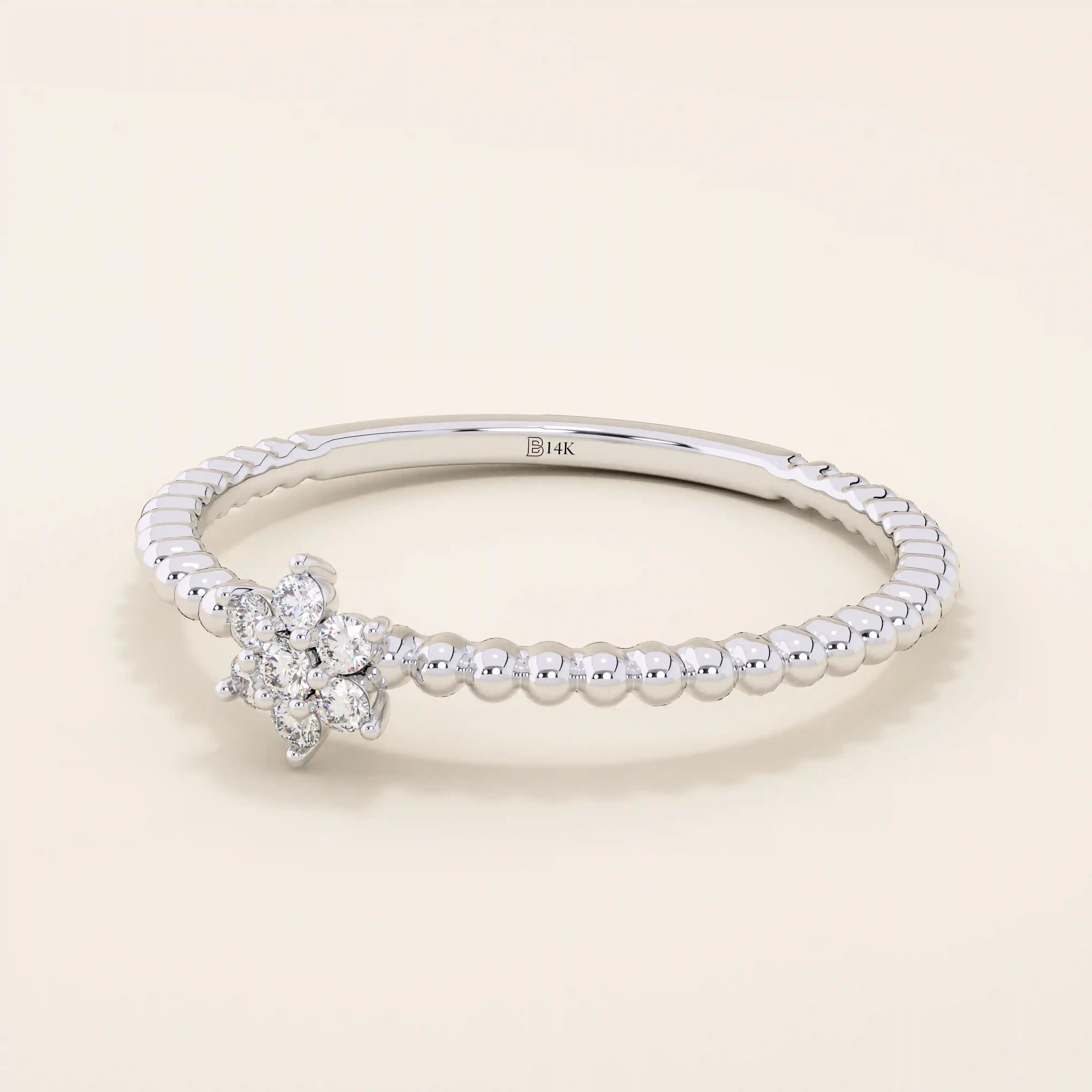 14K SOLID GOLD BEADED BAND TINY FLOWER PROMISE RING FOR WOMEN
