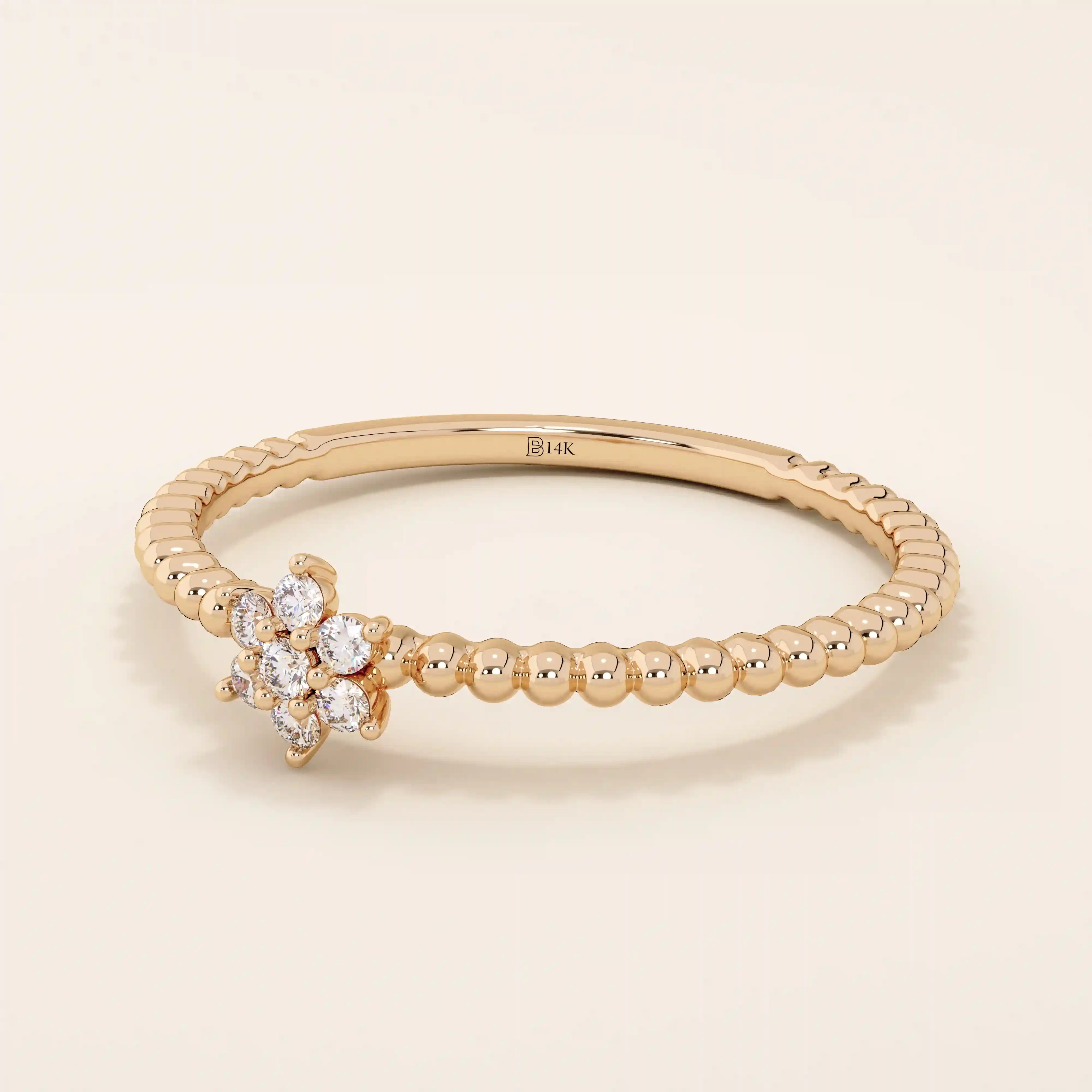 14K SOLID GOLD BEADED BAND TINY FLOWER PROMISE RING FOR WOMEN
