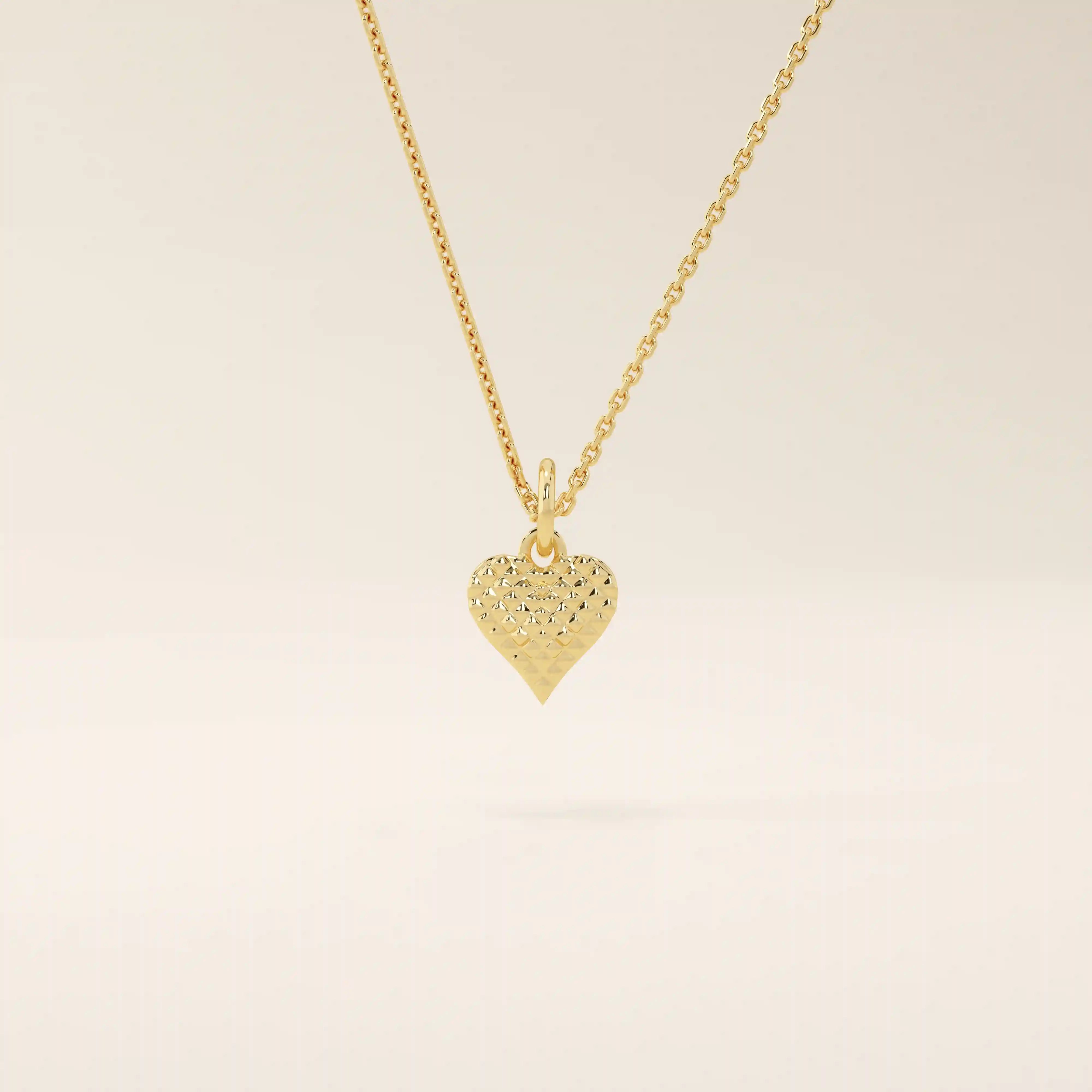 14K SOLID GOLD TEXTURED 3D HEART PENDANT NECKLACE FOR WOMEN