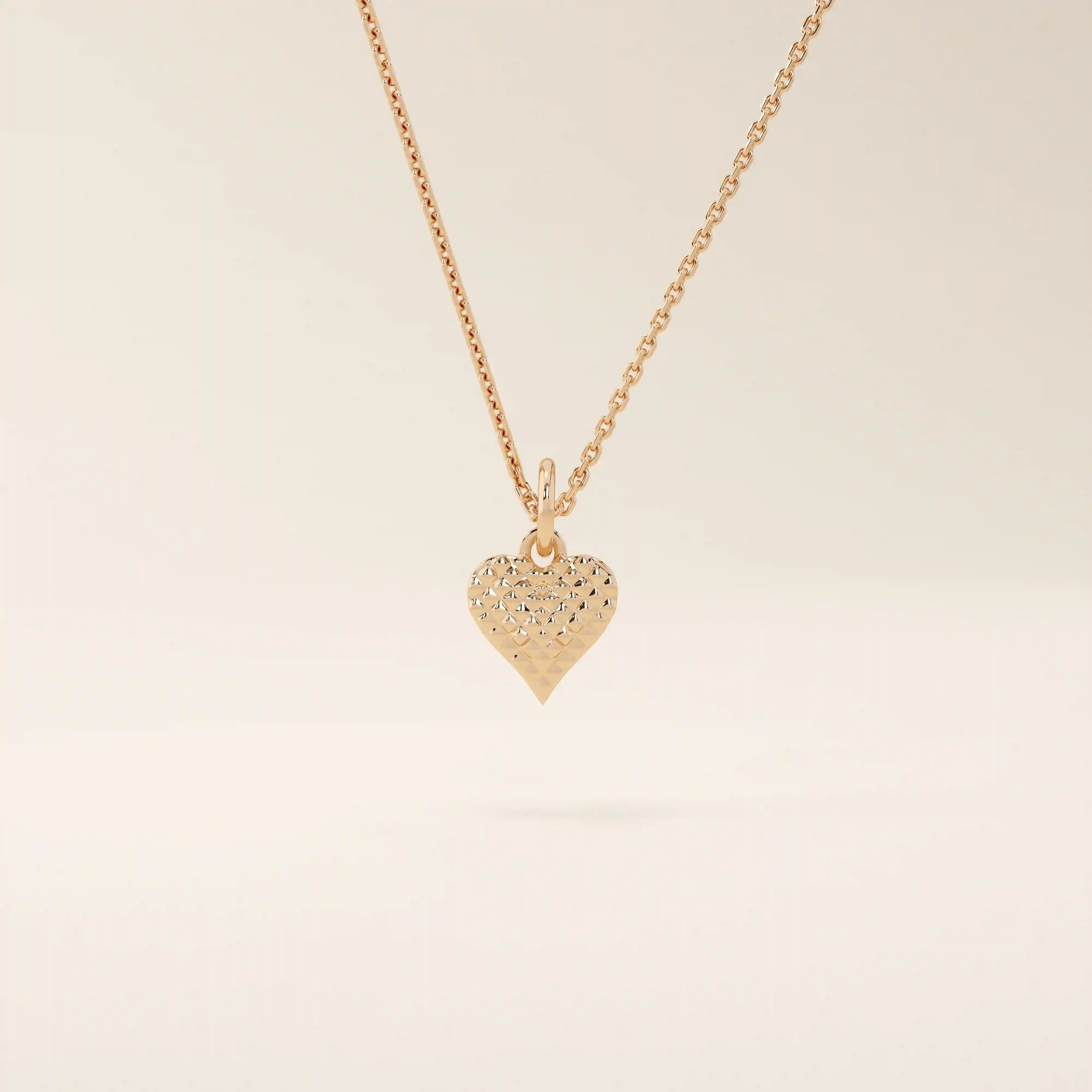 14K SOLID GOLD TEXTURED 3D HEART PENDANT NECKLACE FOR WOMEN