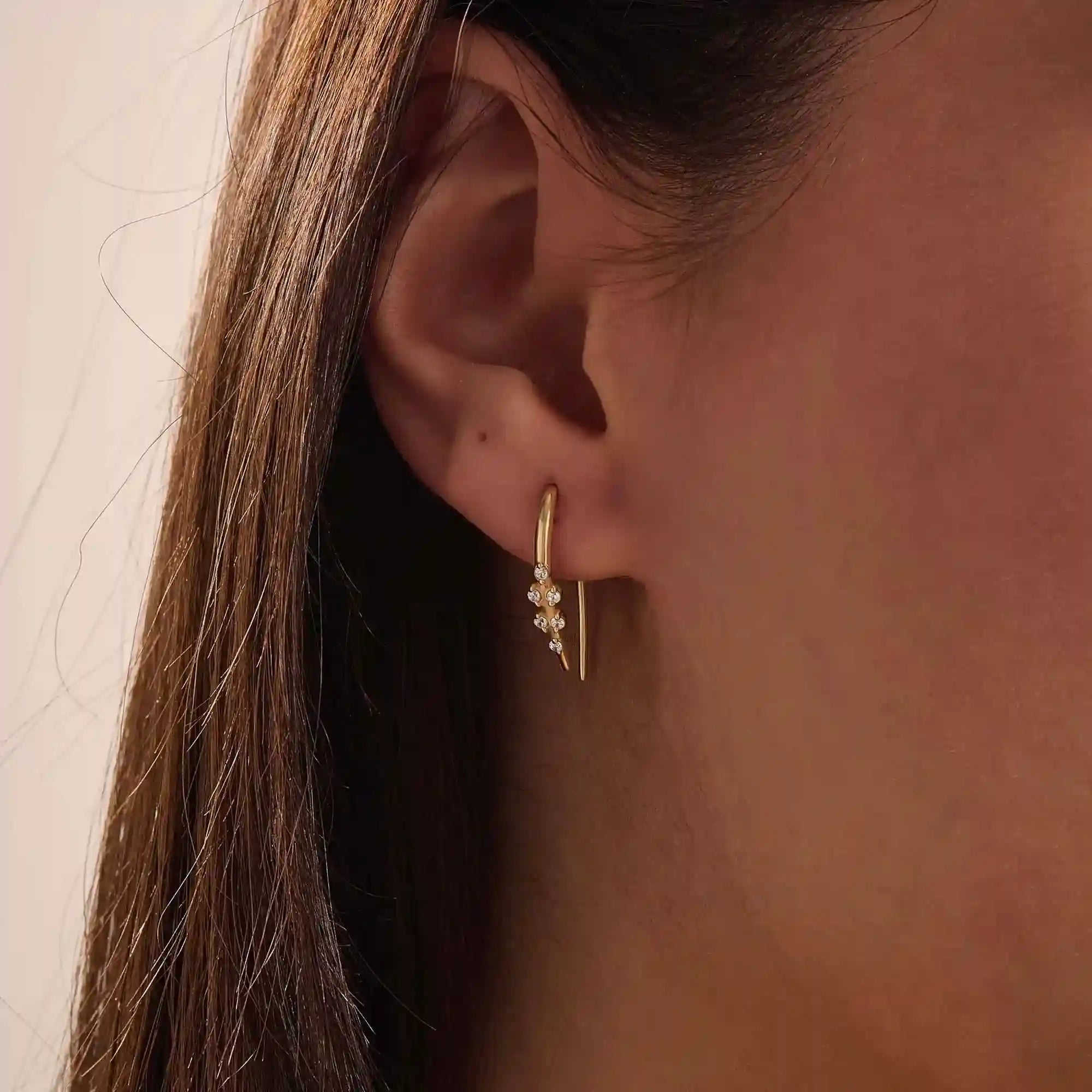 14k solid gold u shape threader earrings with tiny moissanite stones for women