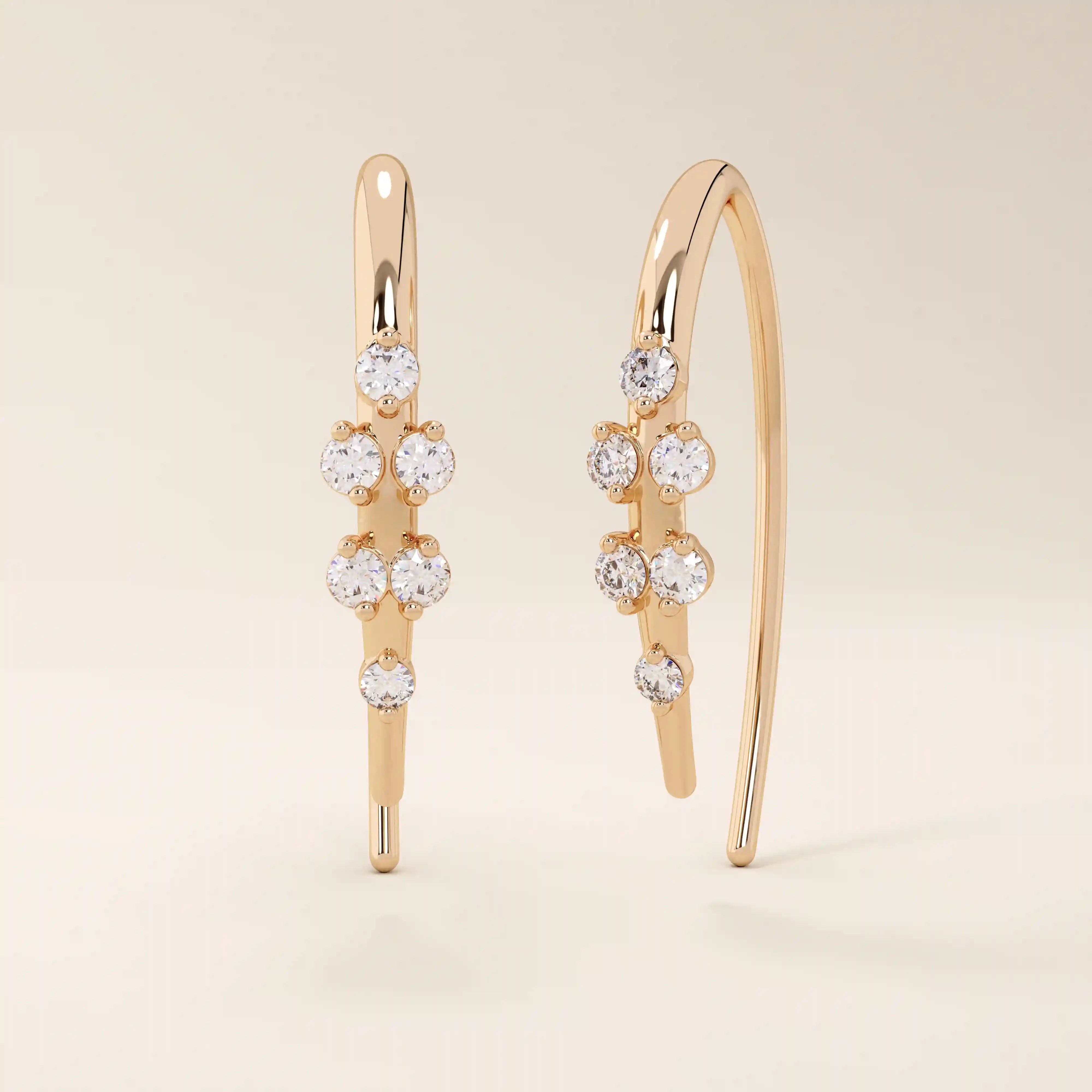 14k solid gold u shape threader earrings with tiny moissanite stones for women