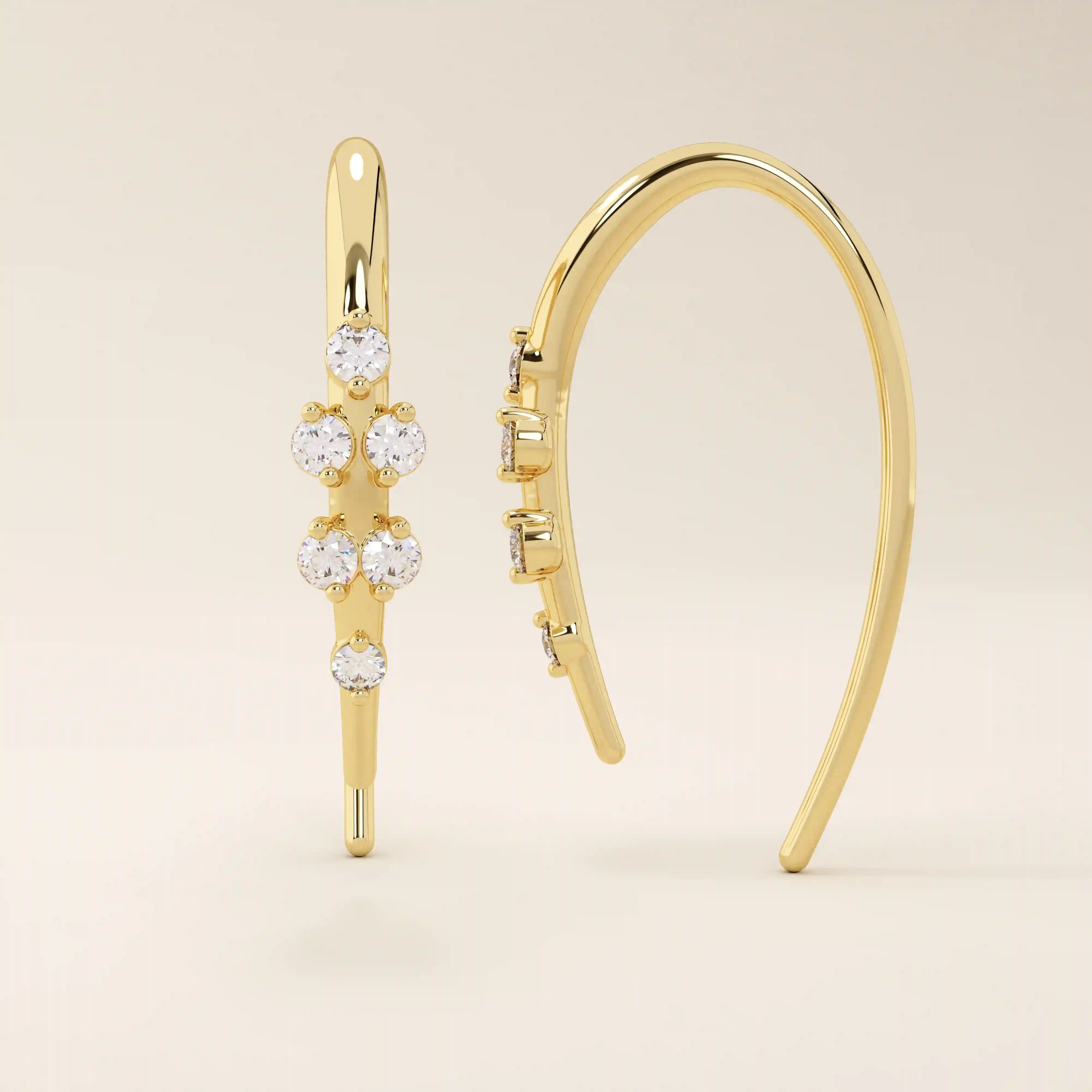 14k solid gold u shape threader earrings with tiny moissanite stones for women
