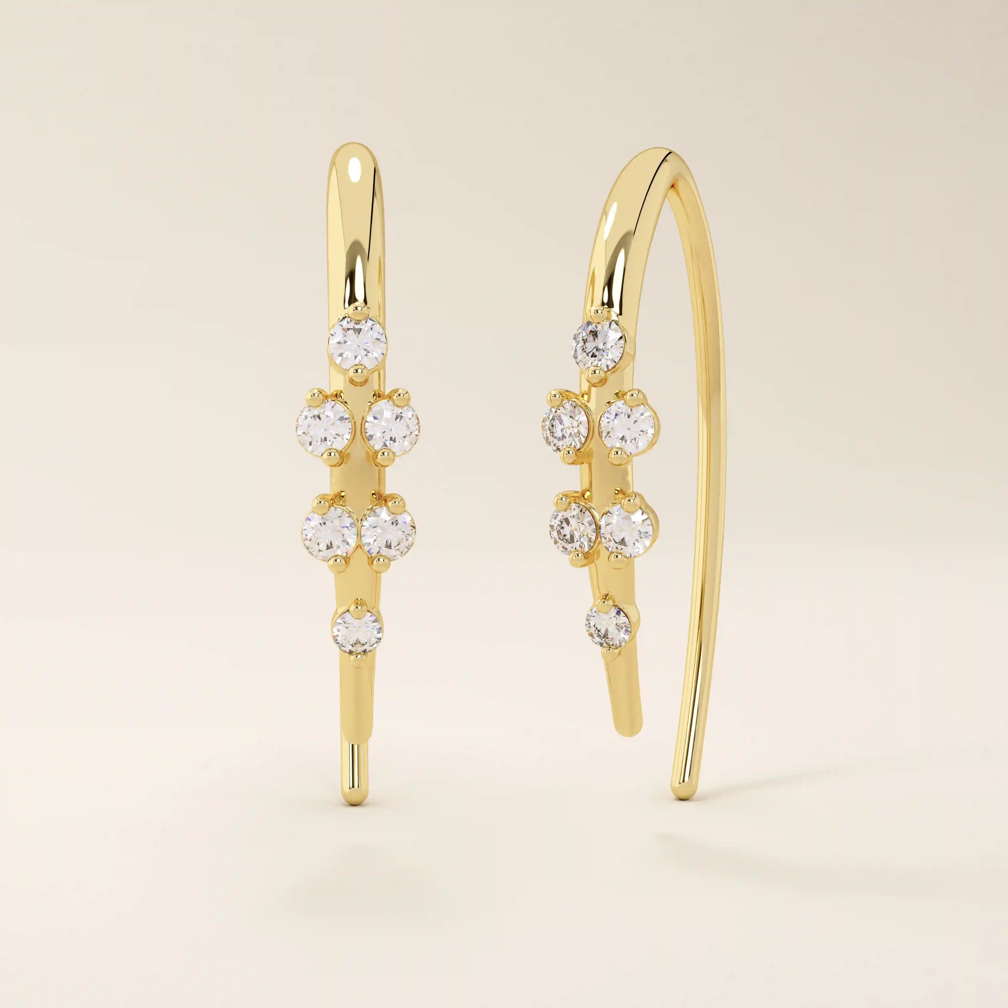 14k solid gold u shape threader earrings with tiny moissanite stones for women