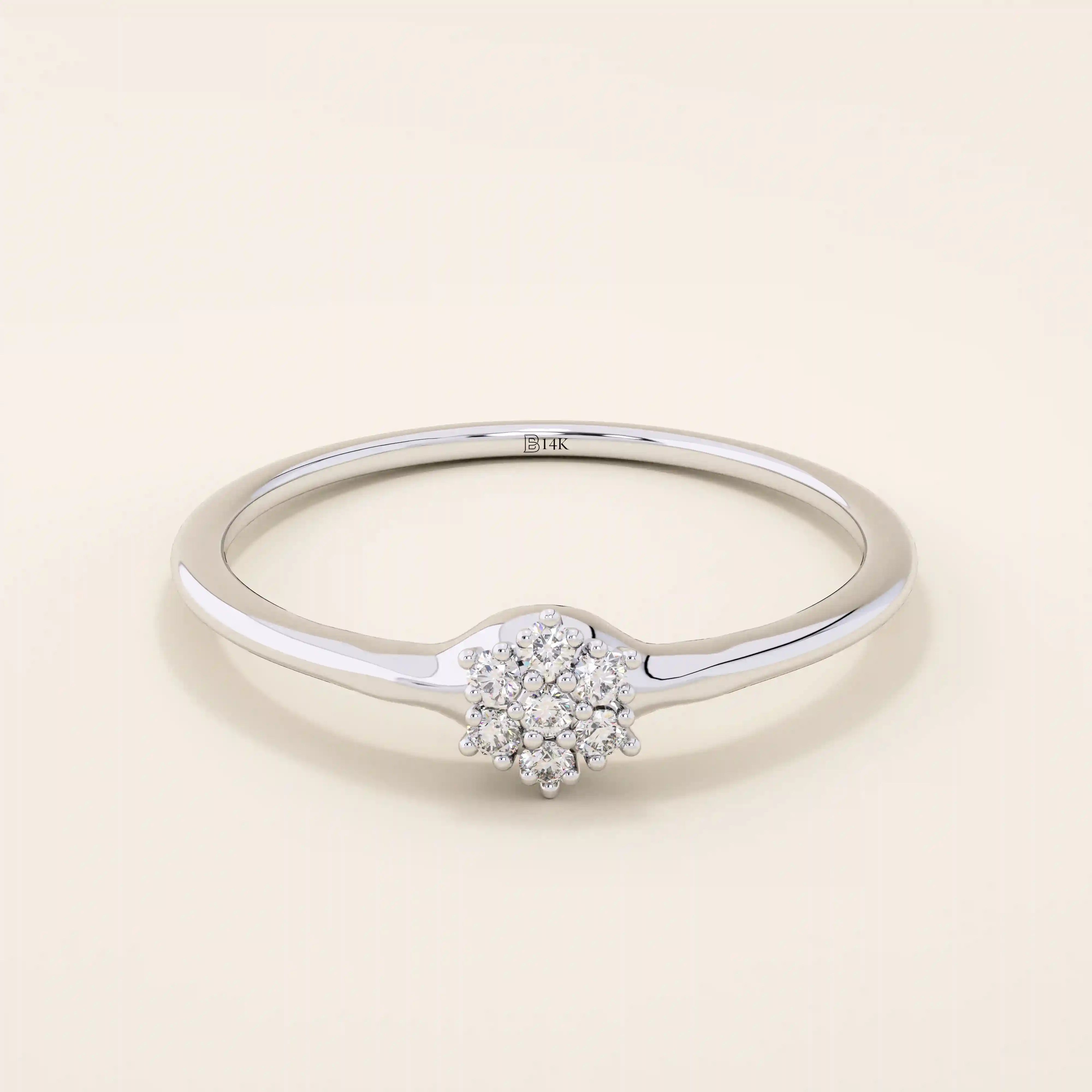 slim design and a cluster of small round moissanite stones promise engagement ring in 14k solid gold for women