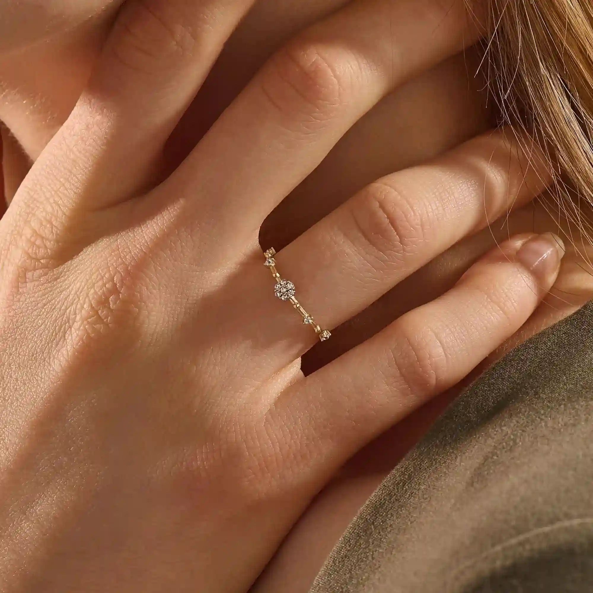 TINY ROUND MOISSANITE STONES PROMISE RING IN 14K SOLID GOLD FOR WOMEN