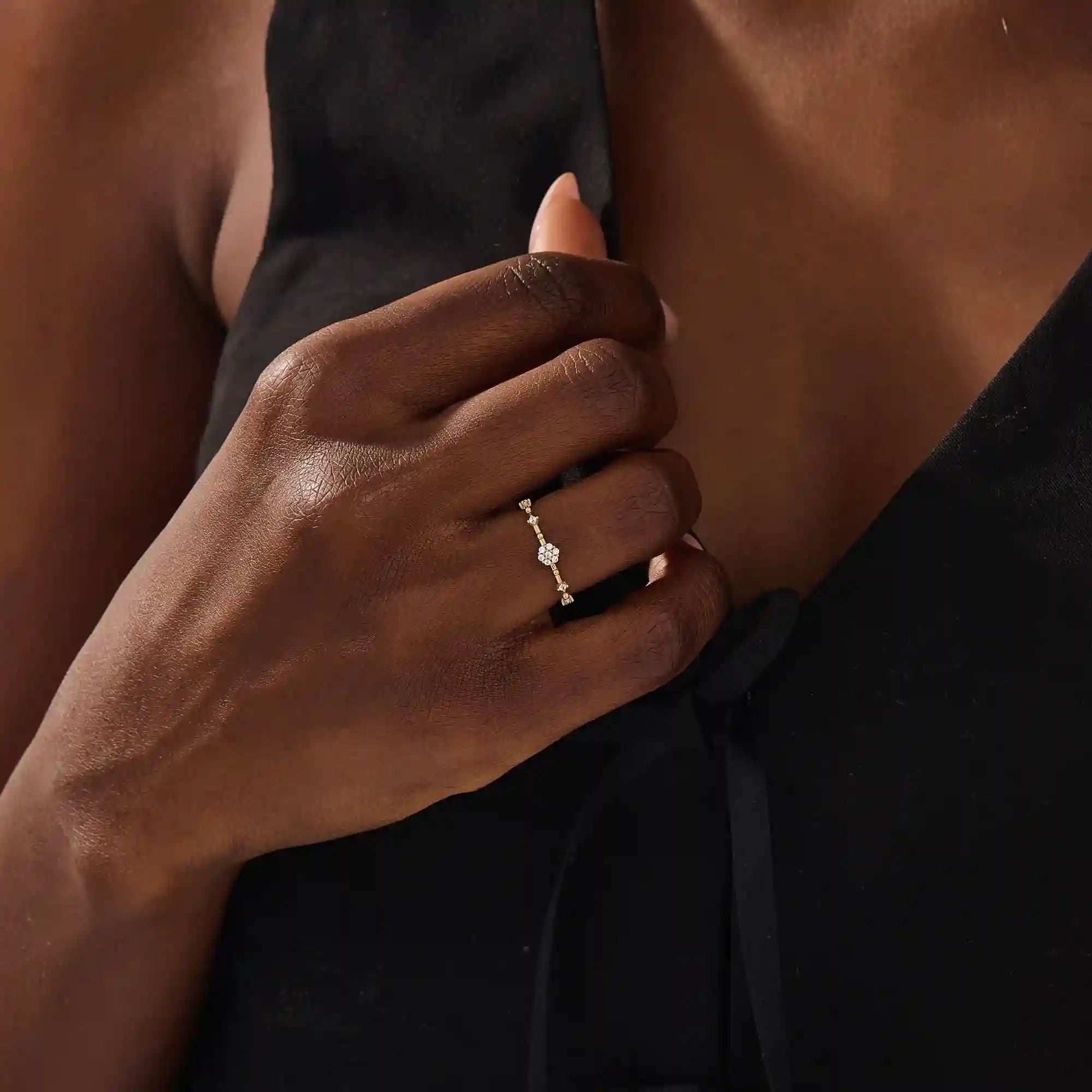 TINY ROUND MOISSANITE STONES PROMISE RING IN 14K SOLID GOLD FOR WOMEN