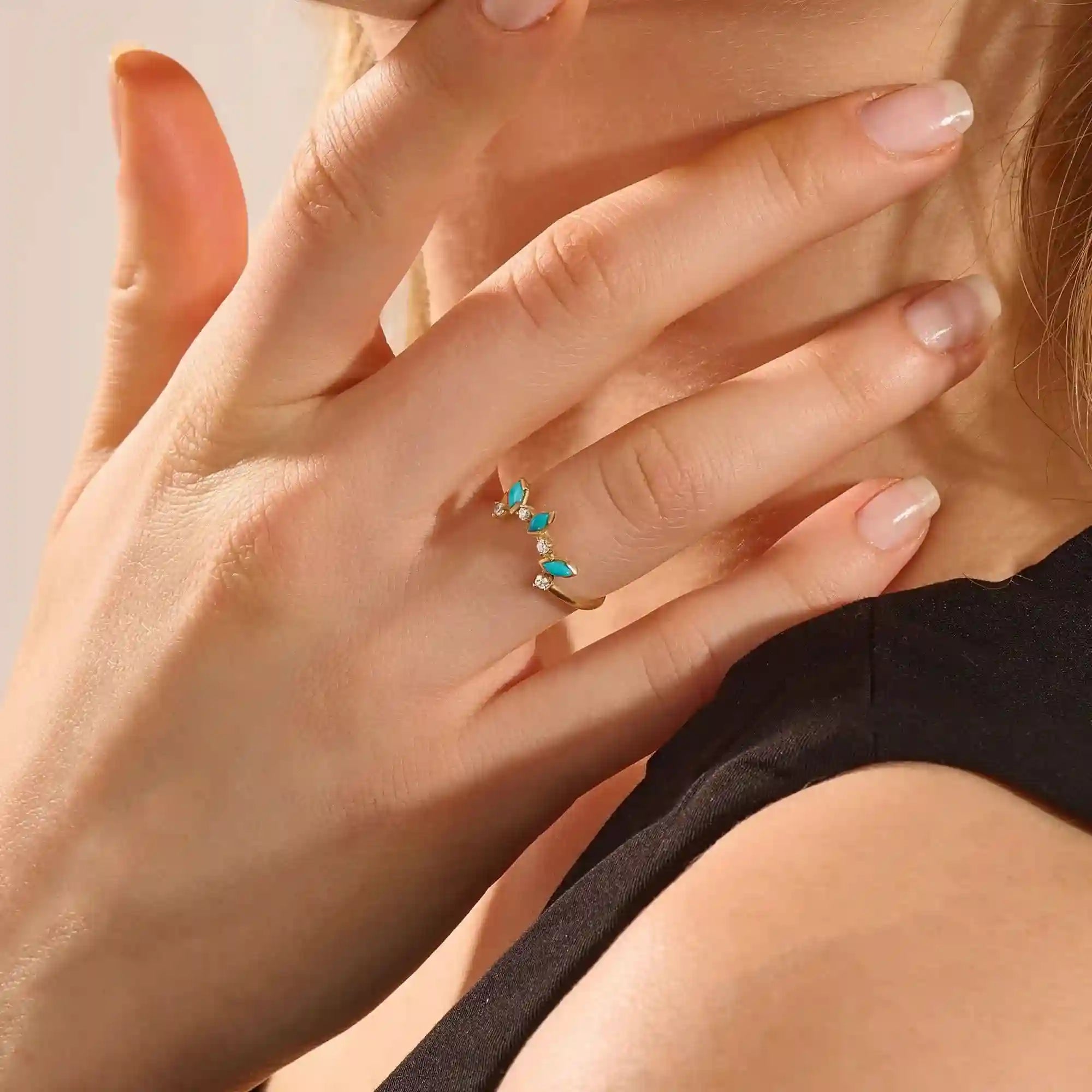 14K SOLID GOLD MARQUISE TURQUOISE STACKABLE CURVE RING FOR WOMEN