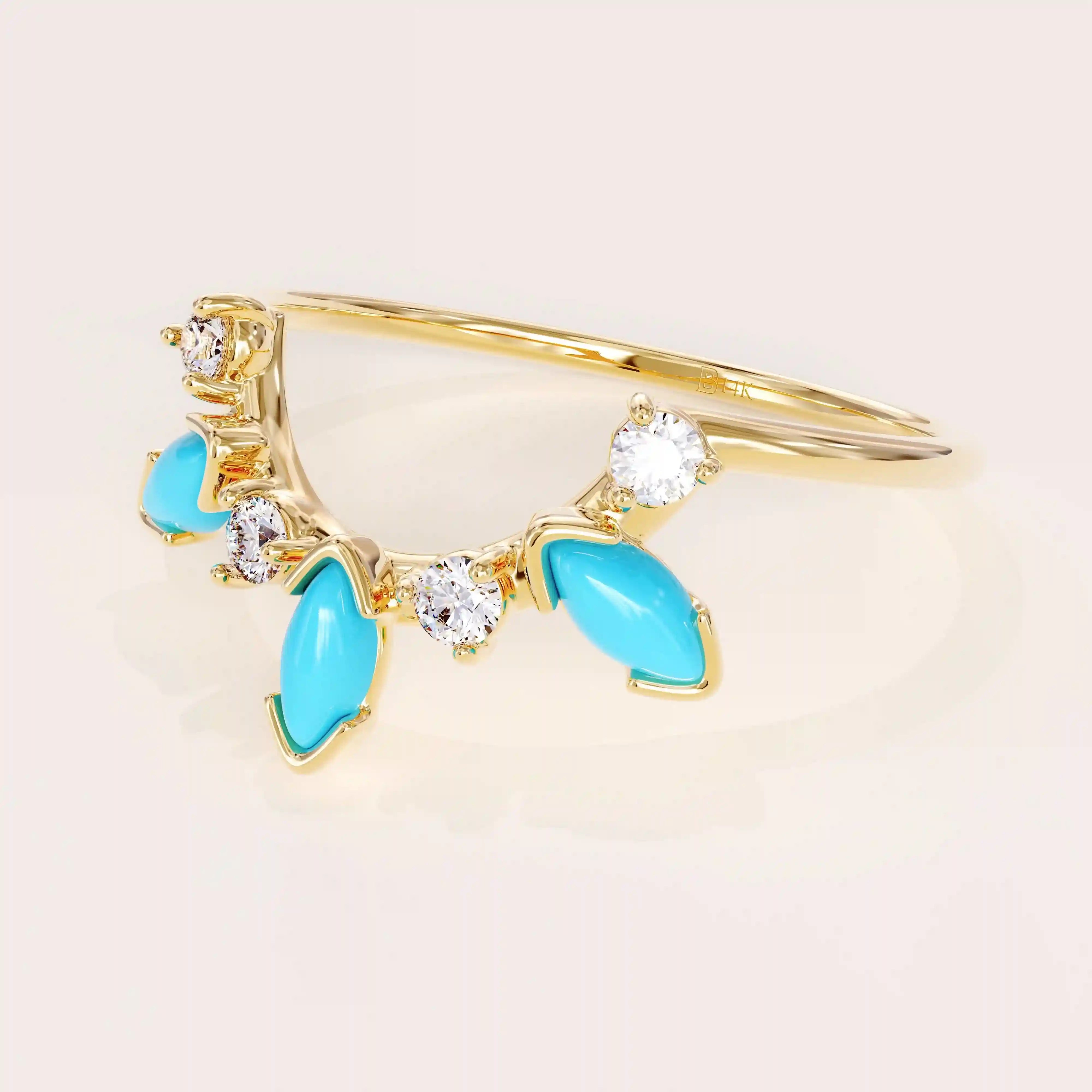 14K SOLID GOLD MARQUISE TURQUOISE STACKABLE CURVE RING FOR WOMEN