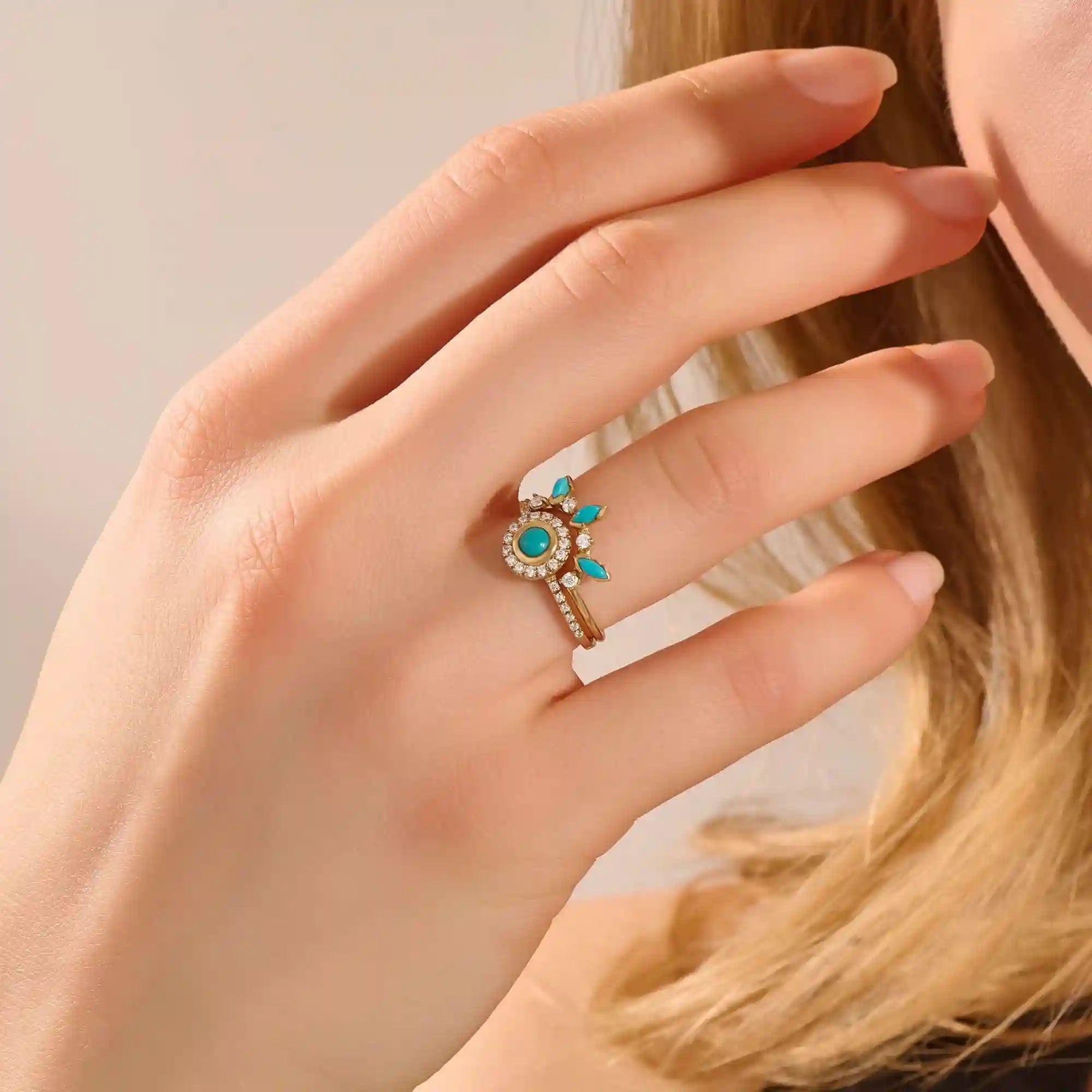 14K SOLID GOLD MARQUISE TURQUOISE STACKABLE CURVE RING FOR WOMEN