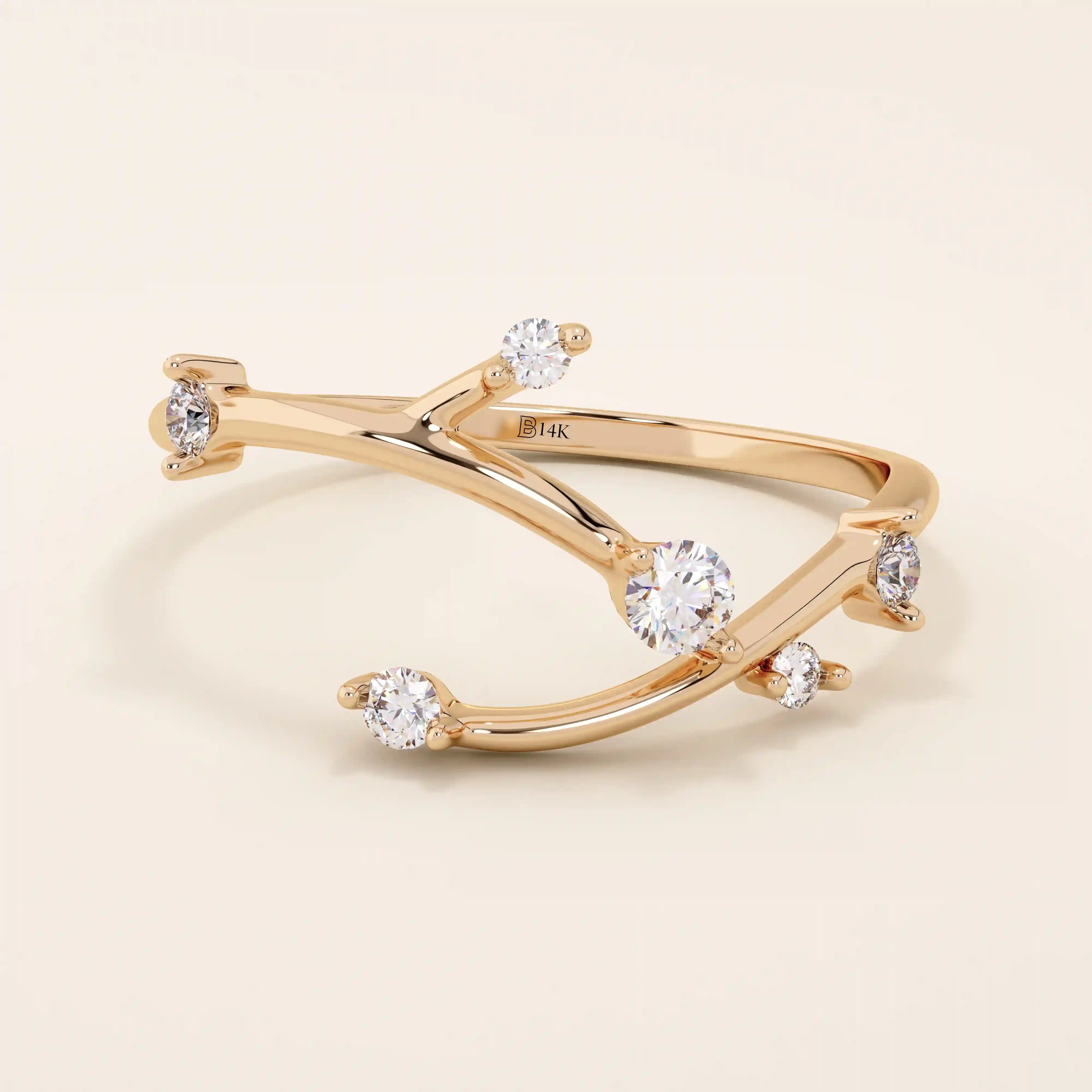 NATURE INSPIRED TREE BRANCH TWIG CURVE STACKING WEDDING RING IN 14K SOLID GOLD FOR WOMEN