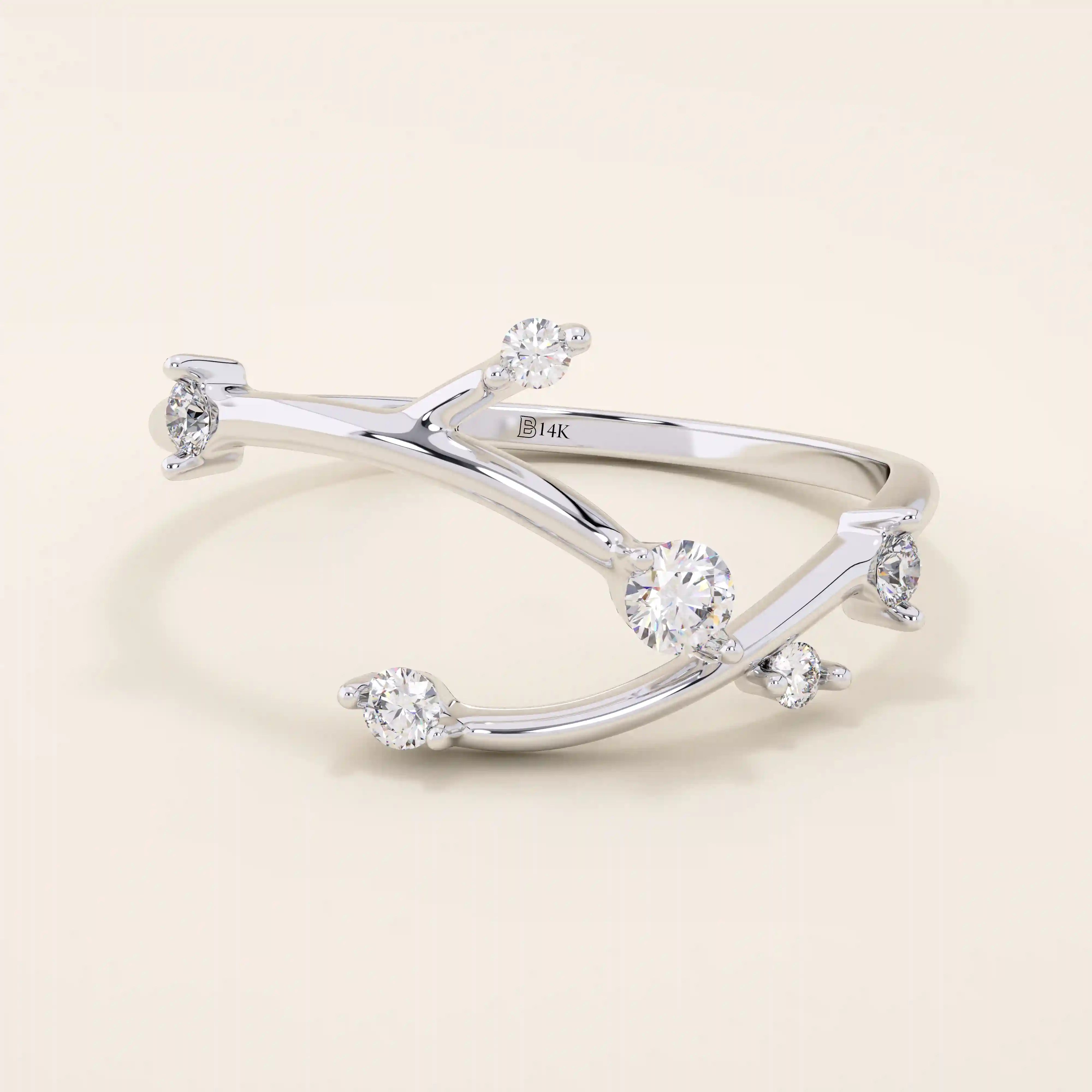NATURE INSPIRED TREE BRANCH TWIG CURVE STACKING WEDDING RING IN 14K SOLID GOLD FOR WOMEN