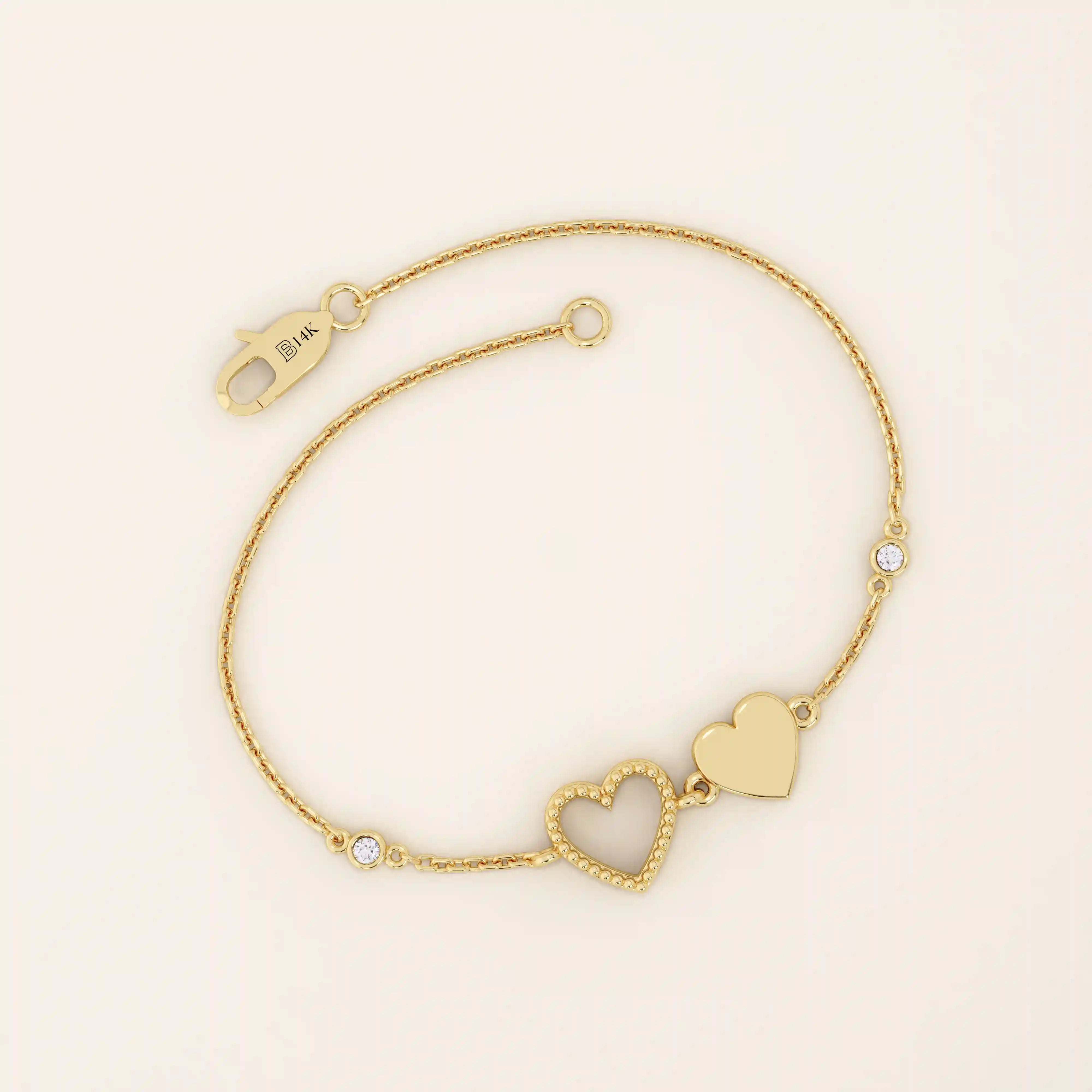 14k solid gold twin double heart bracelet with tiny moissanite for women