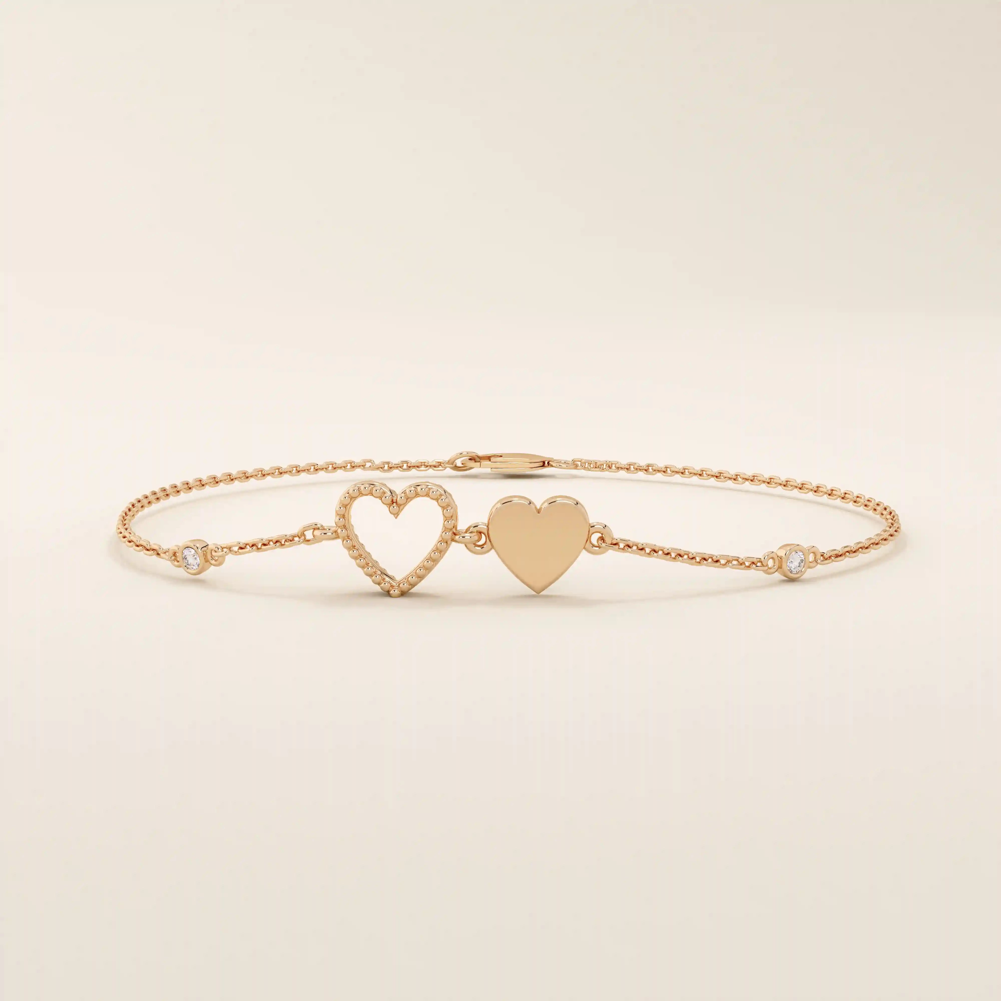 14k solid gold twin double heart bracelet with tiny moissanite for women