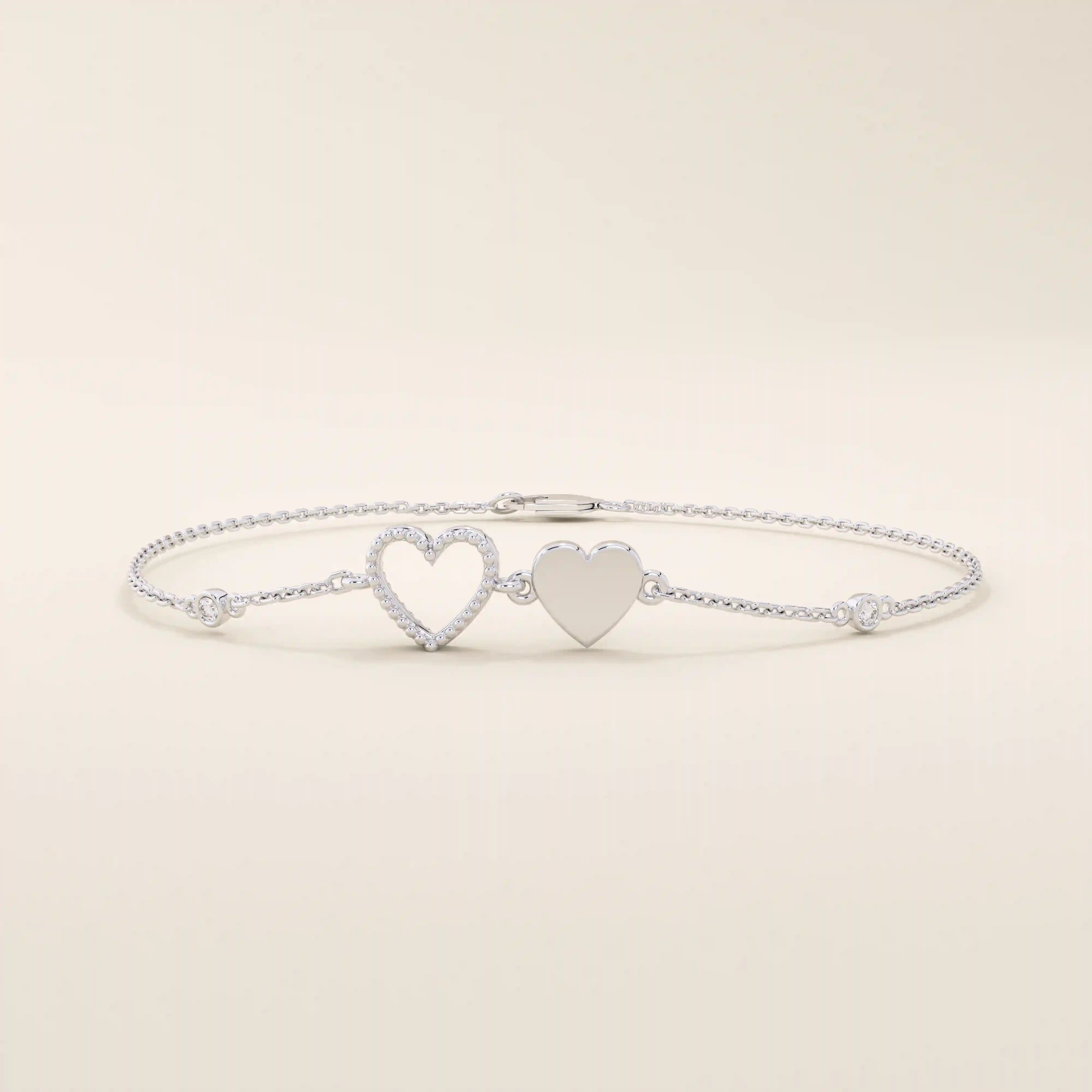 14k solid gold twin double heart bracelet with tiny moissanite for women