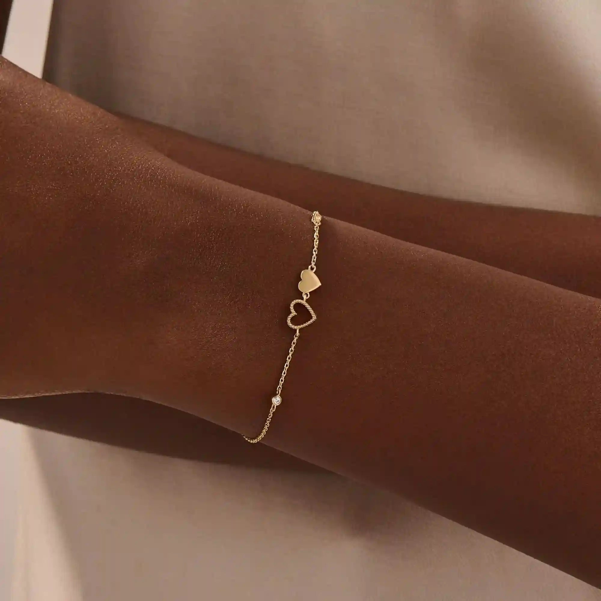 14k solid gold twin double heart bracelet with tiny moissanite for women