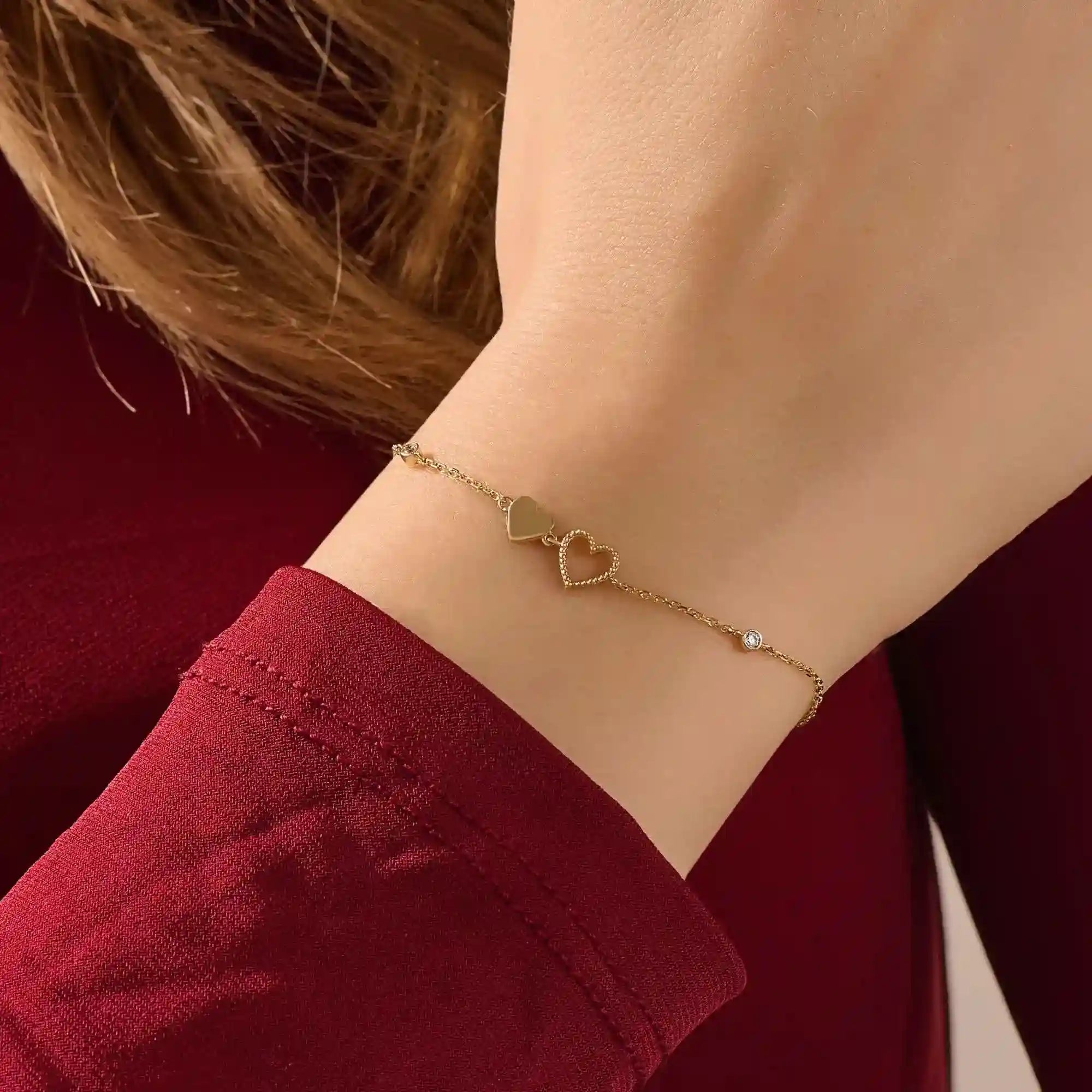 14k solid gold twin double heart bracelet with tiny moissanite for women