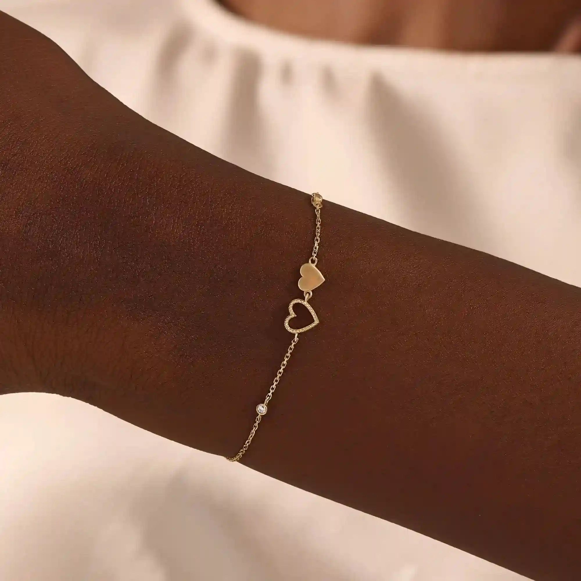 14k solid gold twin double heart bracelet with tiny moissanite for women