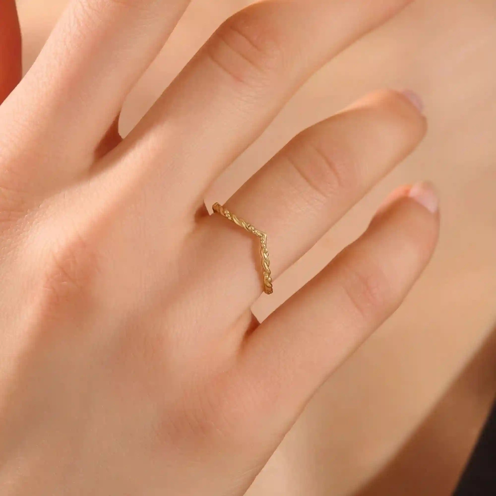 14k solid gold twisted band slim curve chevron stacking ring for engagement rings