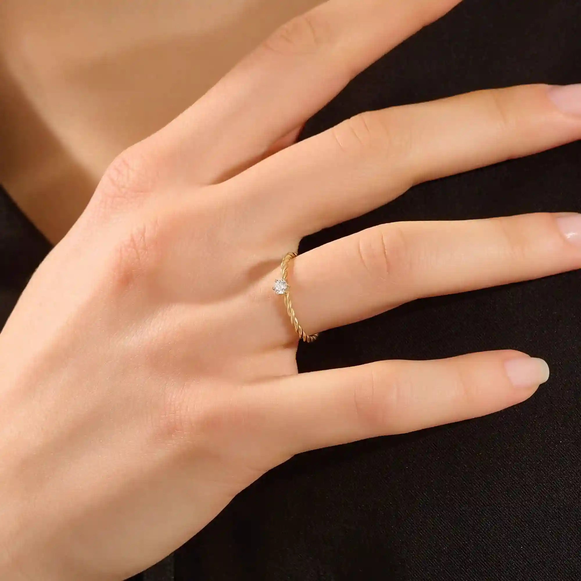 14k solid gold twisted band solitaire engagement ring for women