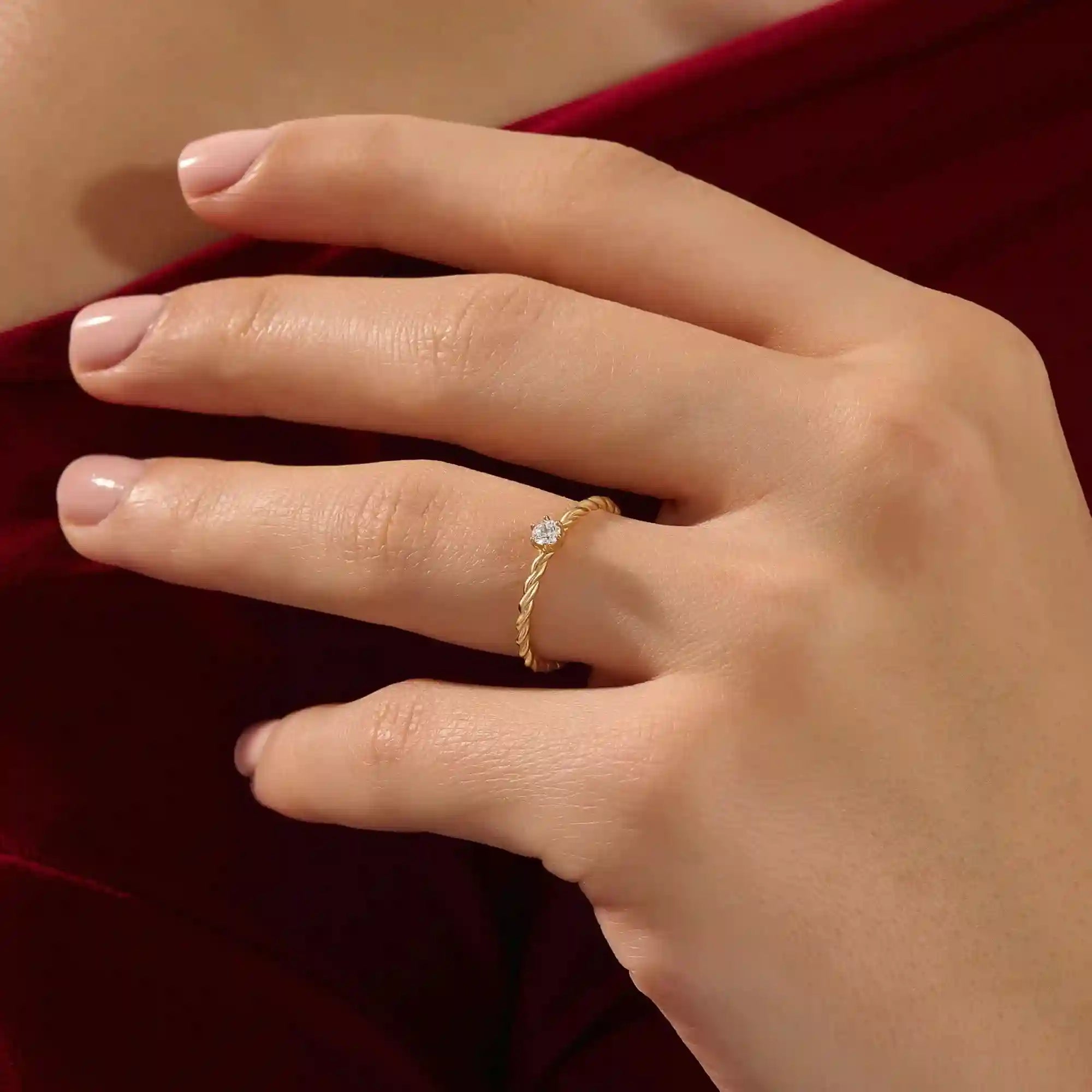 14k solid gold twisted band solitaire engagement ring for women