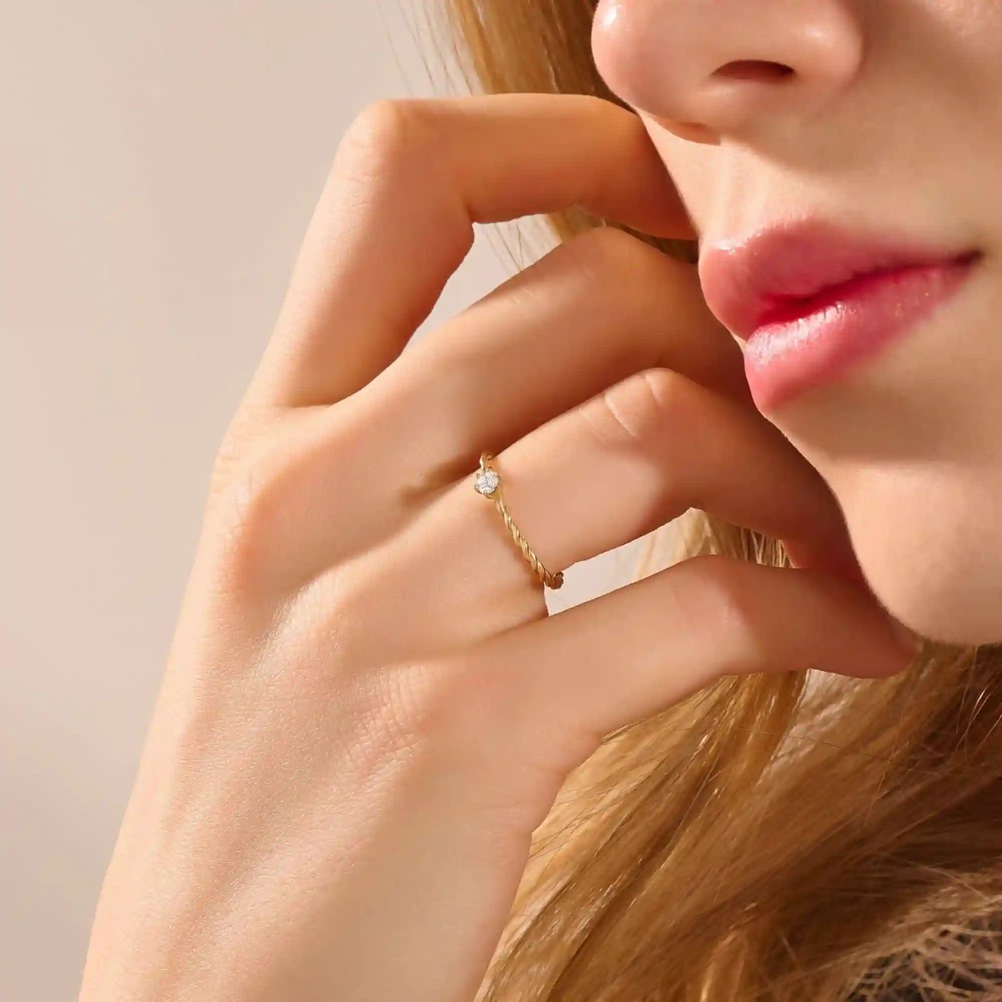 14k solid gold twisted band solitaire engagement ring for women