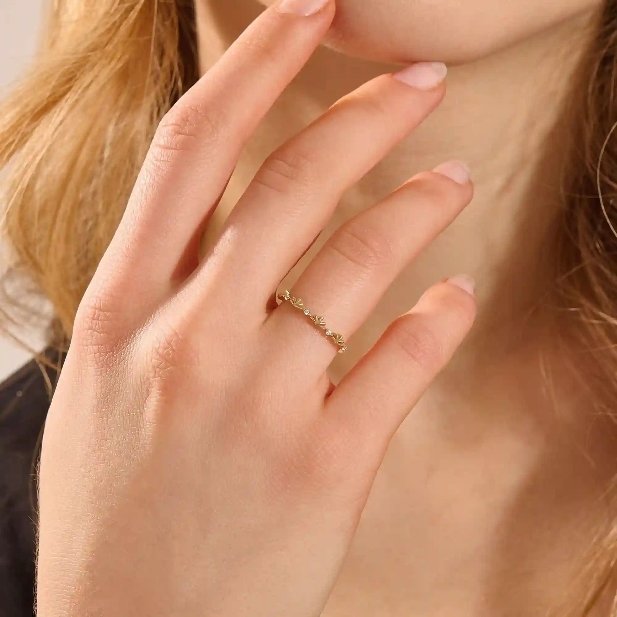 14K SOLID GOLD TINY leaf MOISSANITE STACKING wedding RING FOR WOMEN
