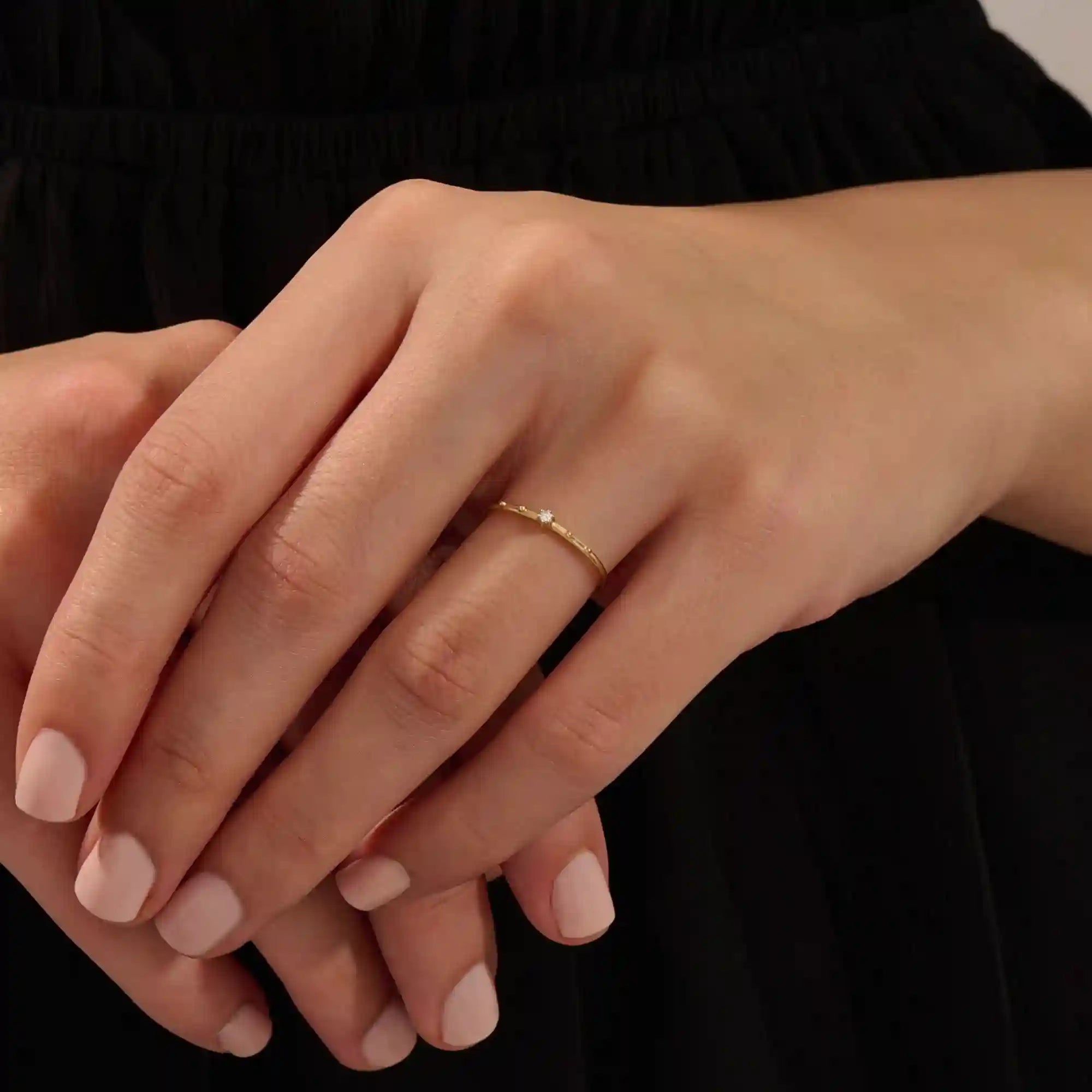 14K SOLID GOLD TINY SOLO MOISSANITE STACKING PROMISE RING FOR WOMEN