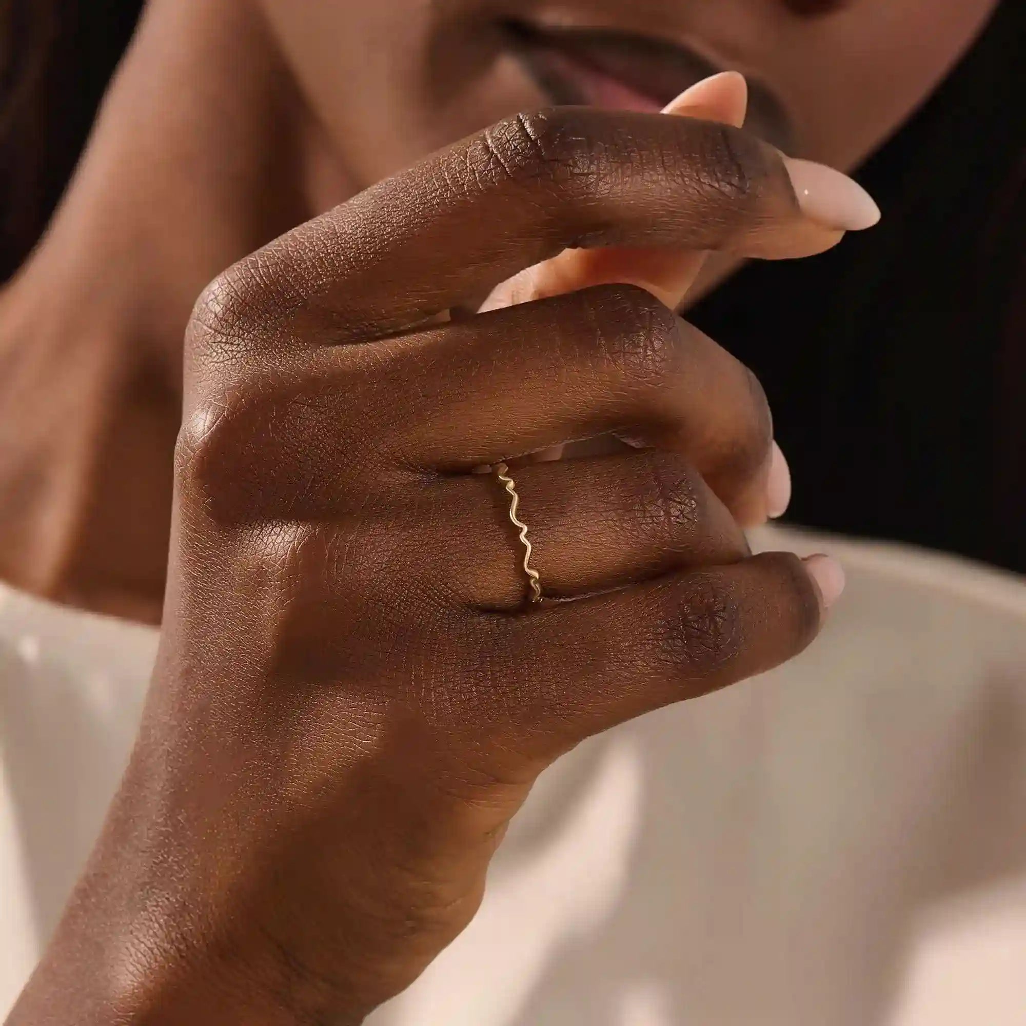14k solid gold ultra thin wavy stacking ring for women