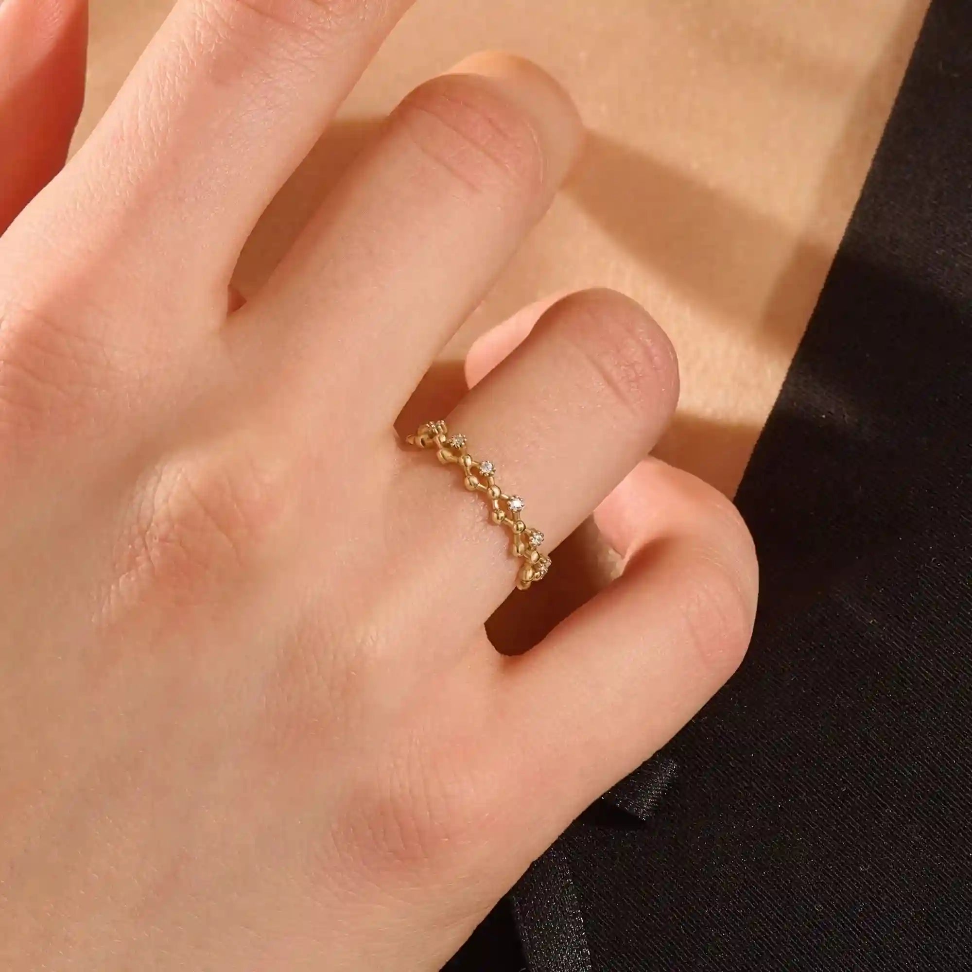 14K SOLID GOLD BEADED HALF ETERNITY WEDDING RING FOR WOMEN