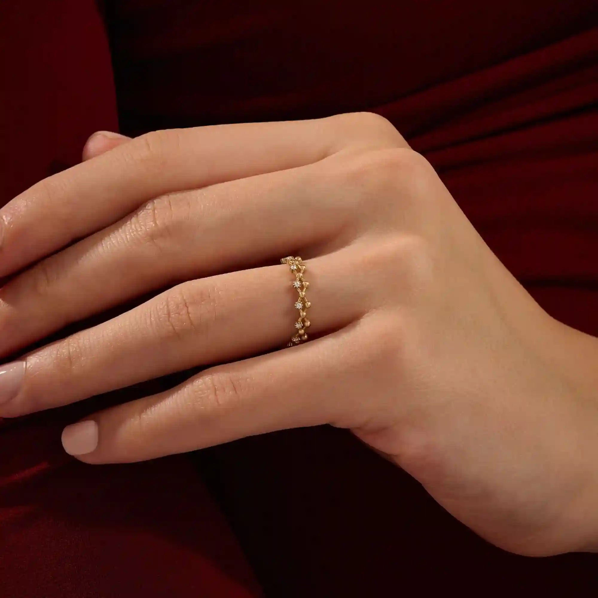 14K SOLID GOLD BEADED HALF ETERNITY WEDDING RING FOR WOMEN