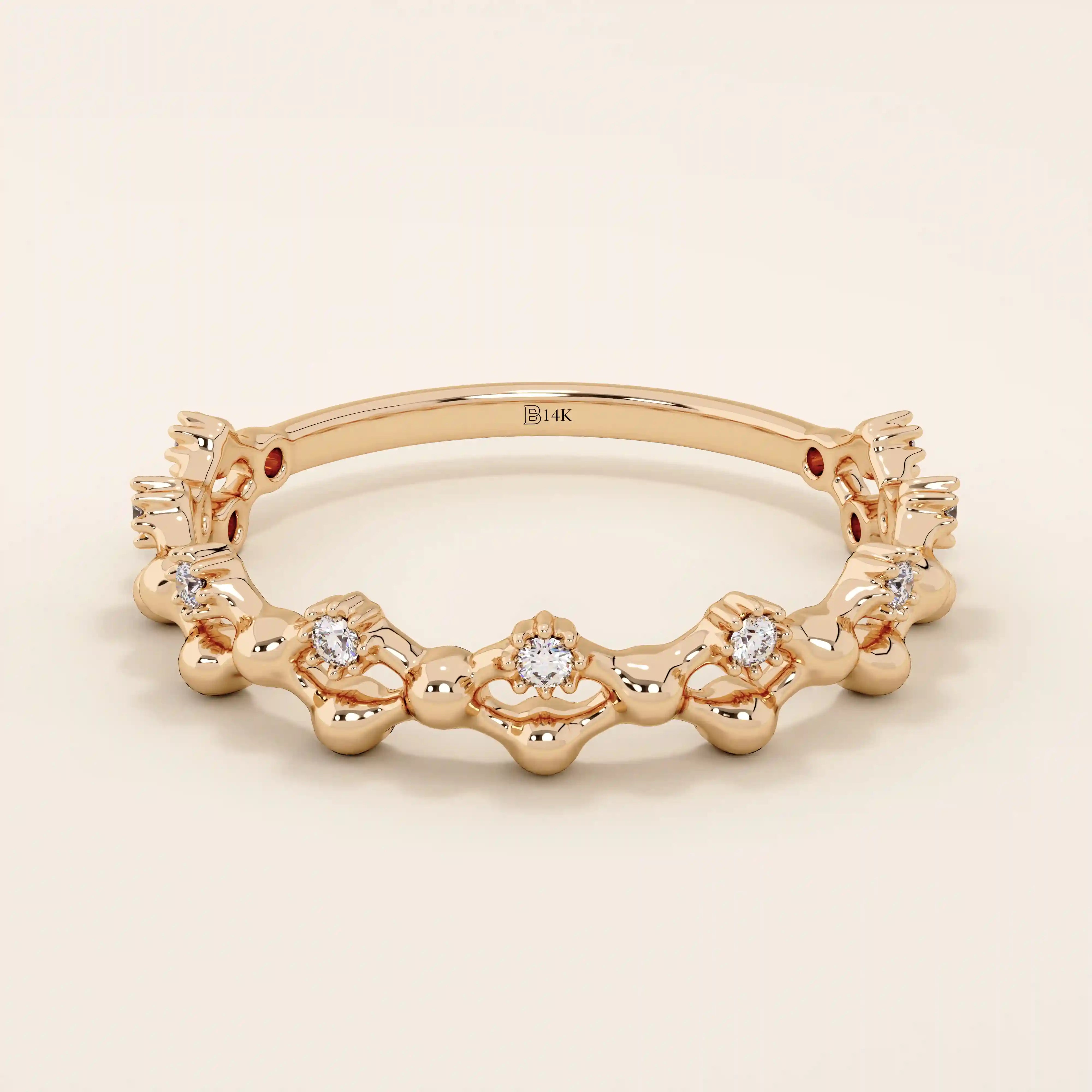 14K SOLID GOLD BEADED HALF ETERNITY WEDDING RING FOR WOMEN