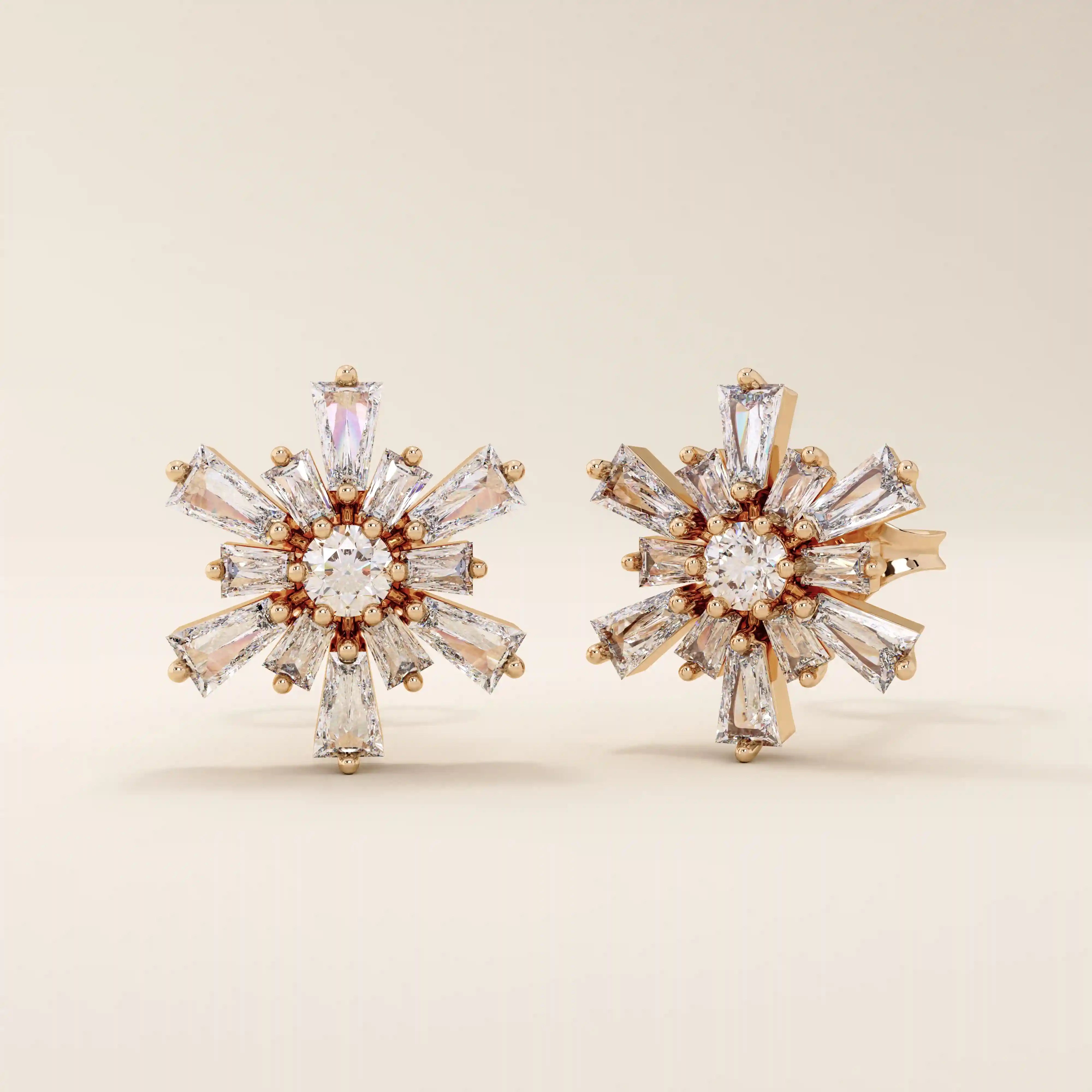 14k solid gold tapered baguette cluster unique flower stud earring for women