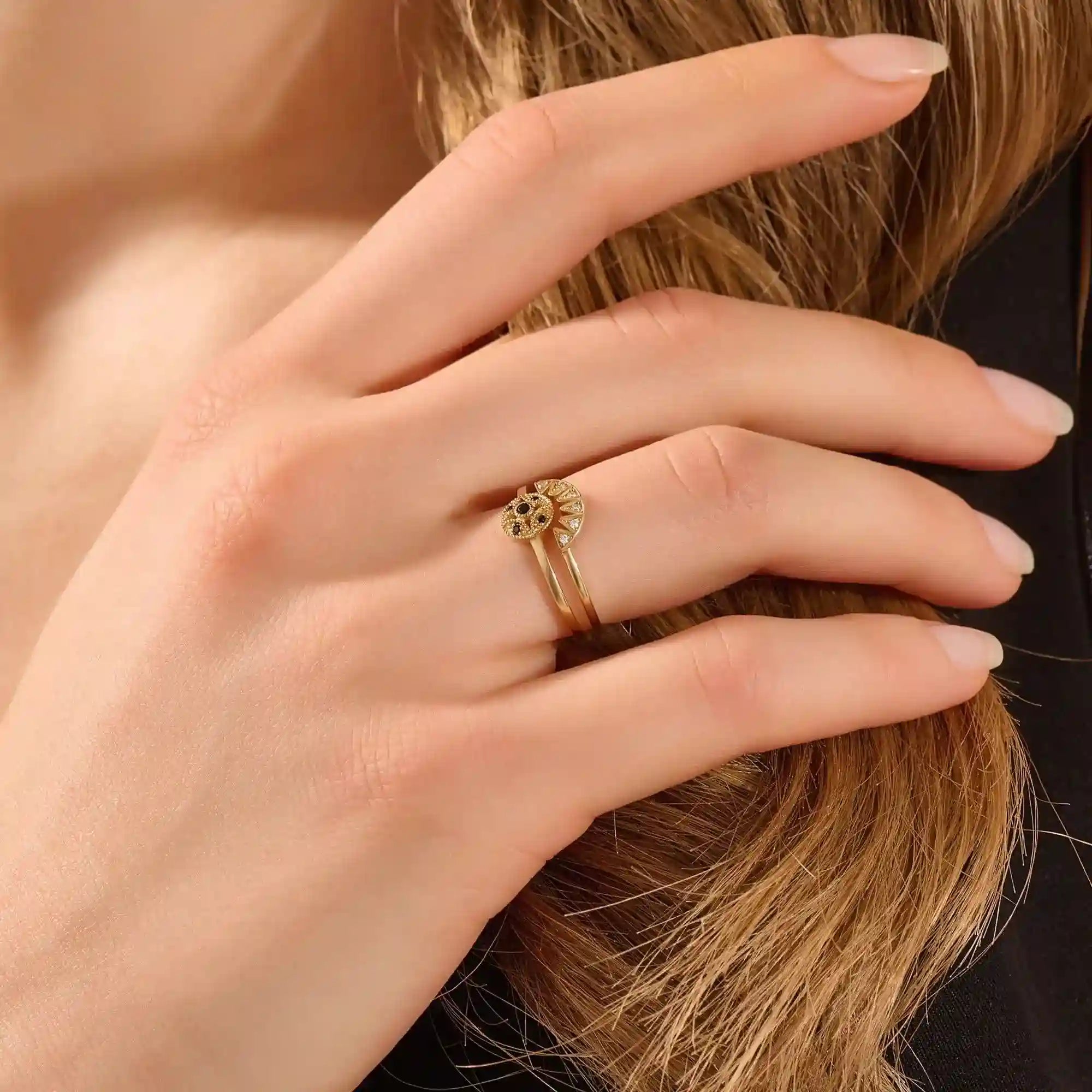 14k solid gold curve half circle pave moissanite stacking ring for women