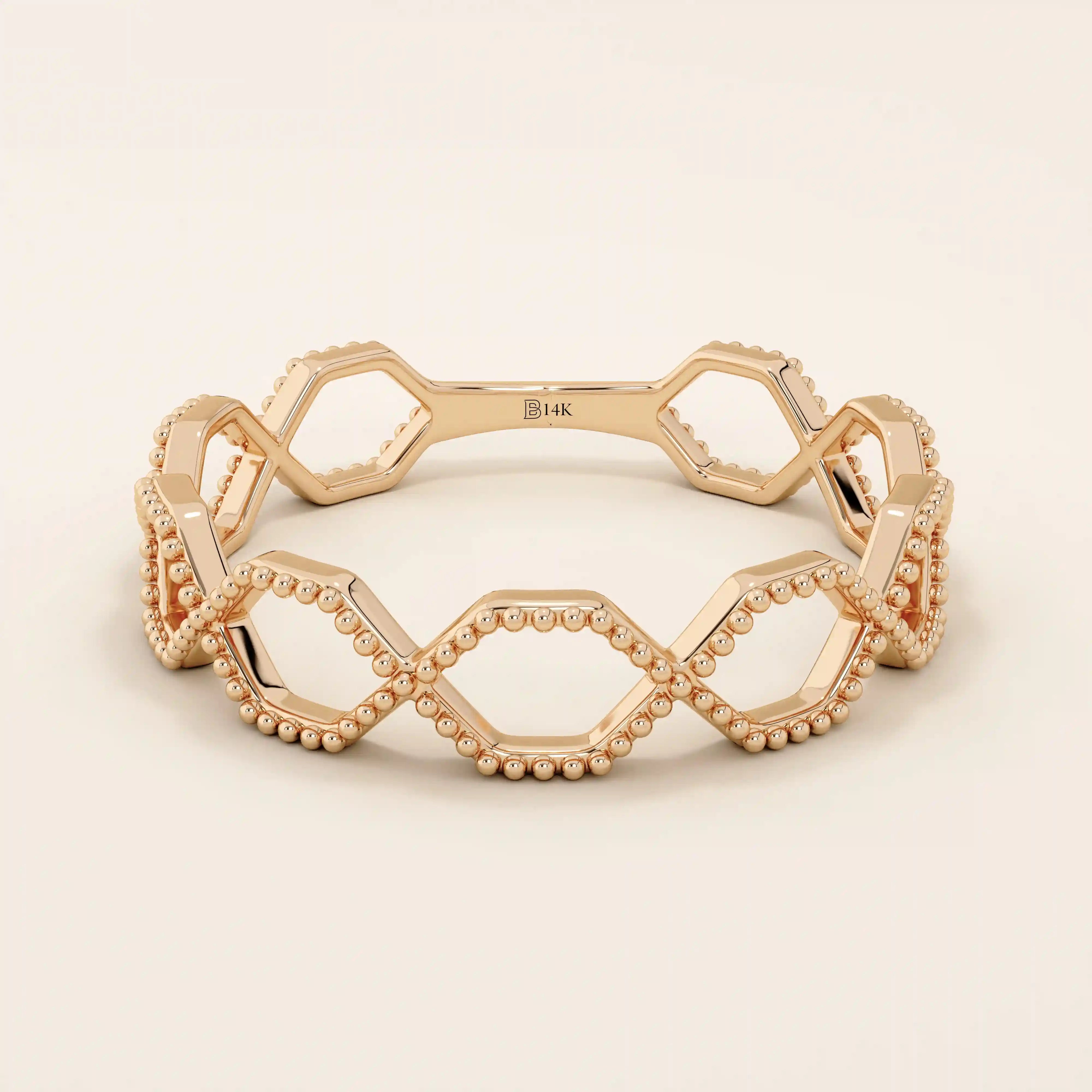 14K SOLID GOLD MILGRAIN HEXAGON WEDDING RING FOR WOMEN