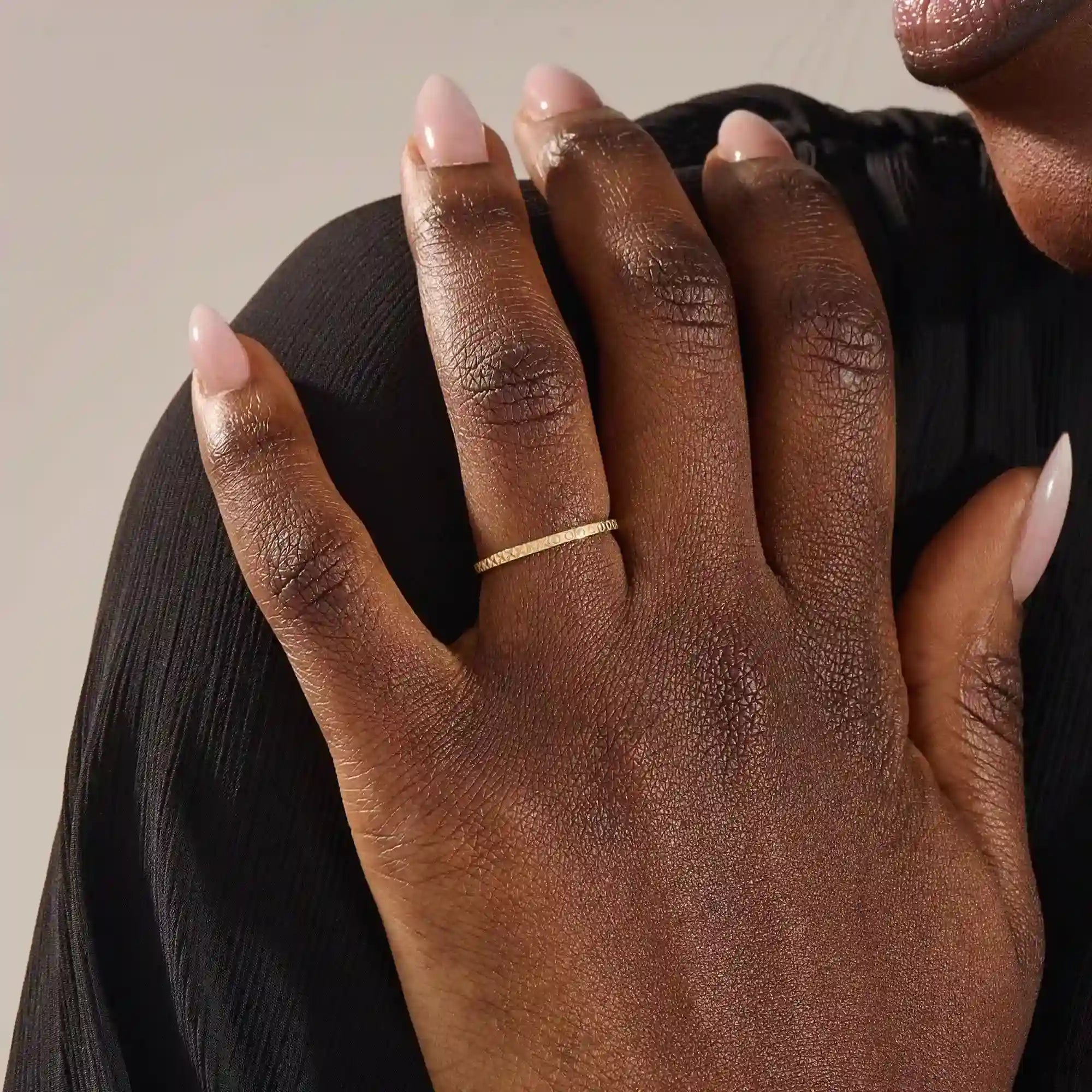 elegant slim stackable wedding ring with unique x pyramid and circle patterns on both sides in 14k solid yellow gold for both men and women