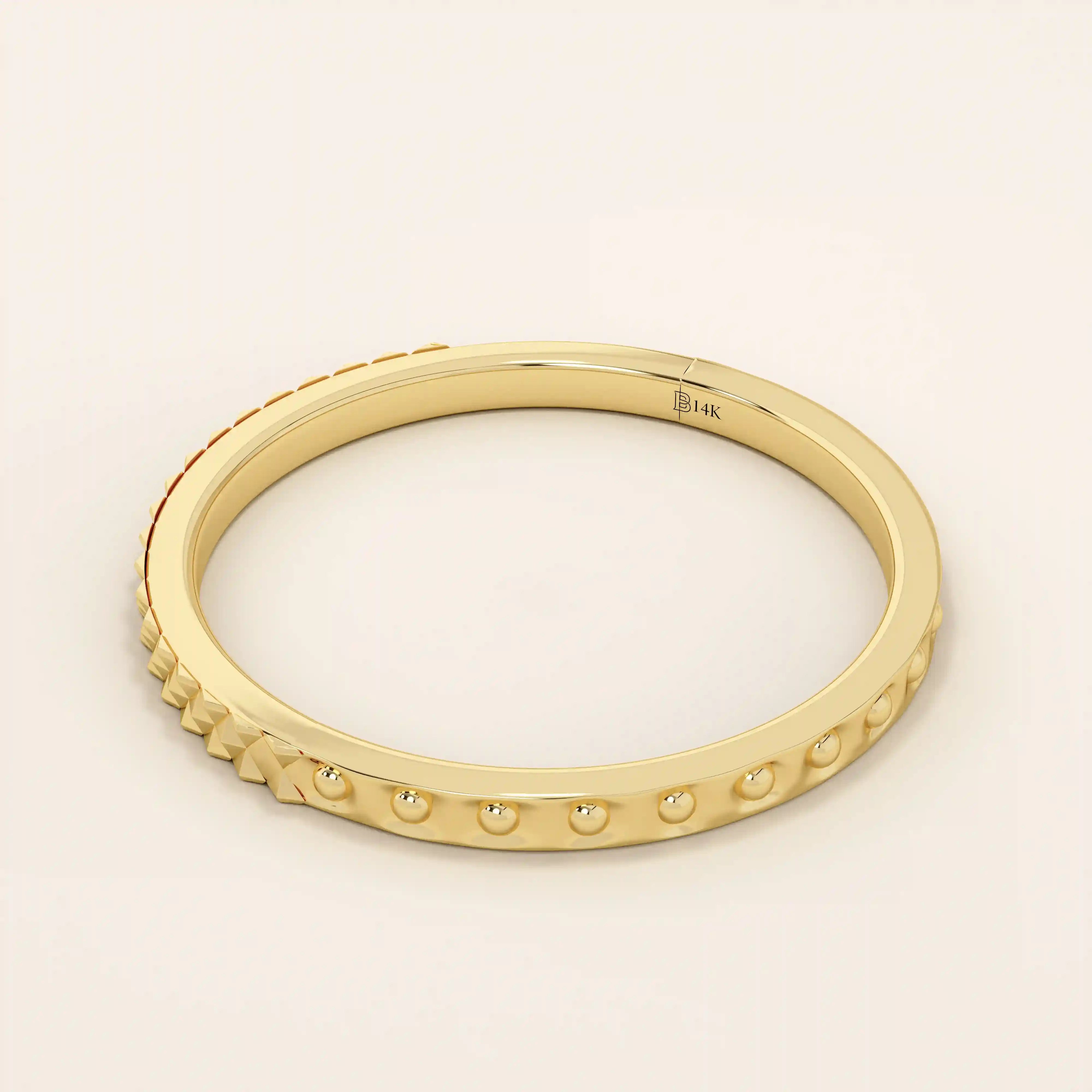 elegant slim stackable wedding ring with unique x pyramid and circle patterns on both sides in 14k solid yellow gold for both men and women