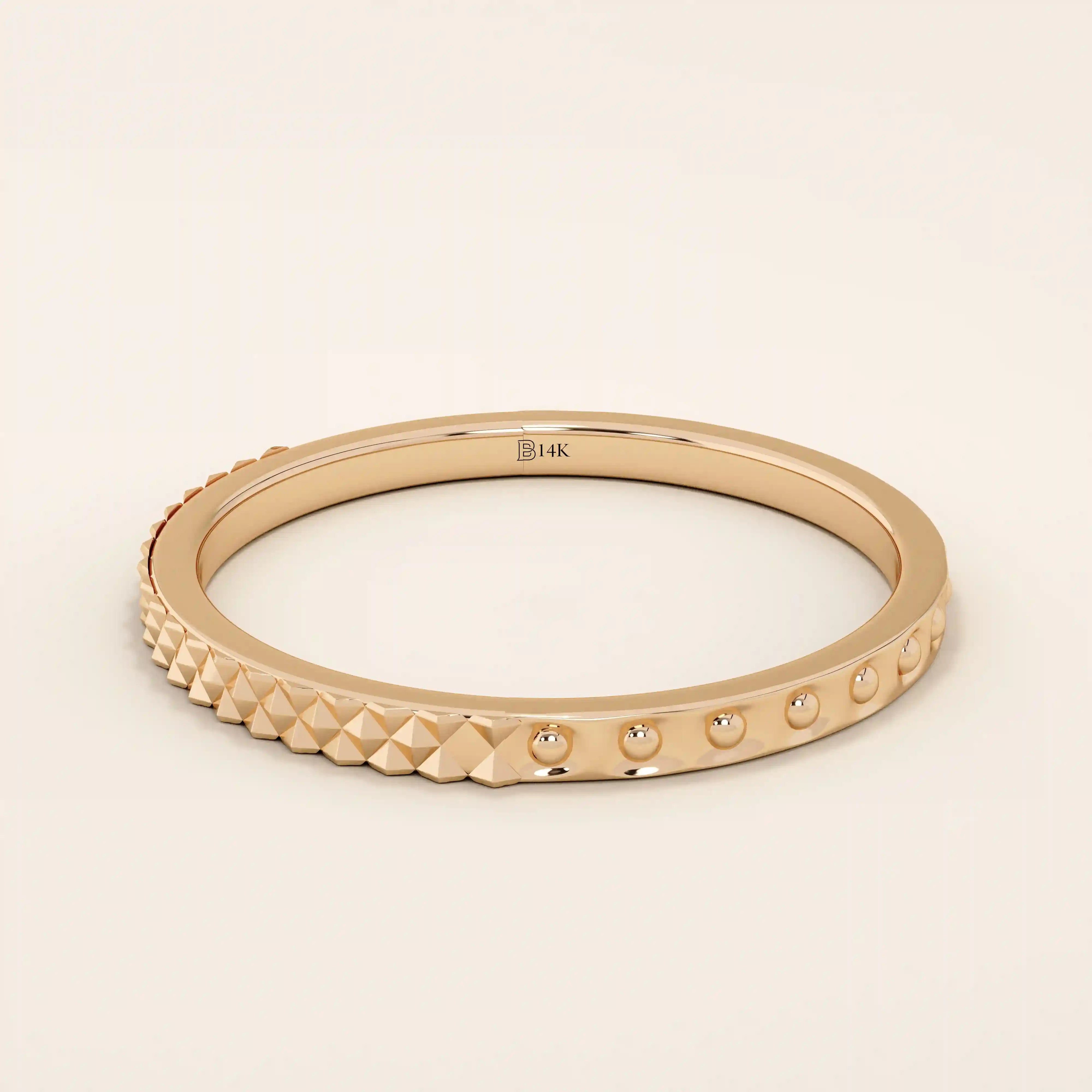 elegant slim stackable wedding ring with unique x pyramid and circle patterns on both sides in 14k solid yellow gold for both men and women