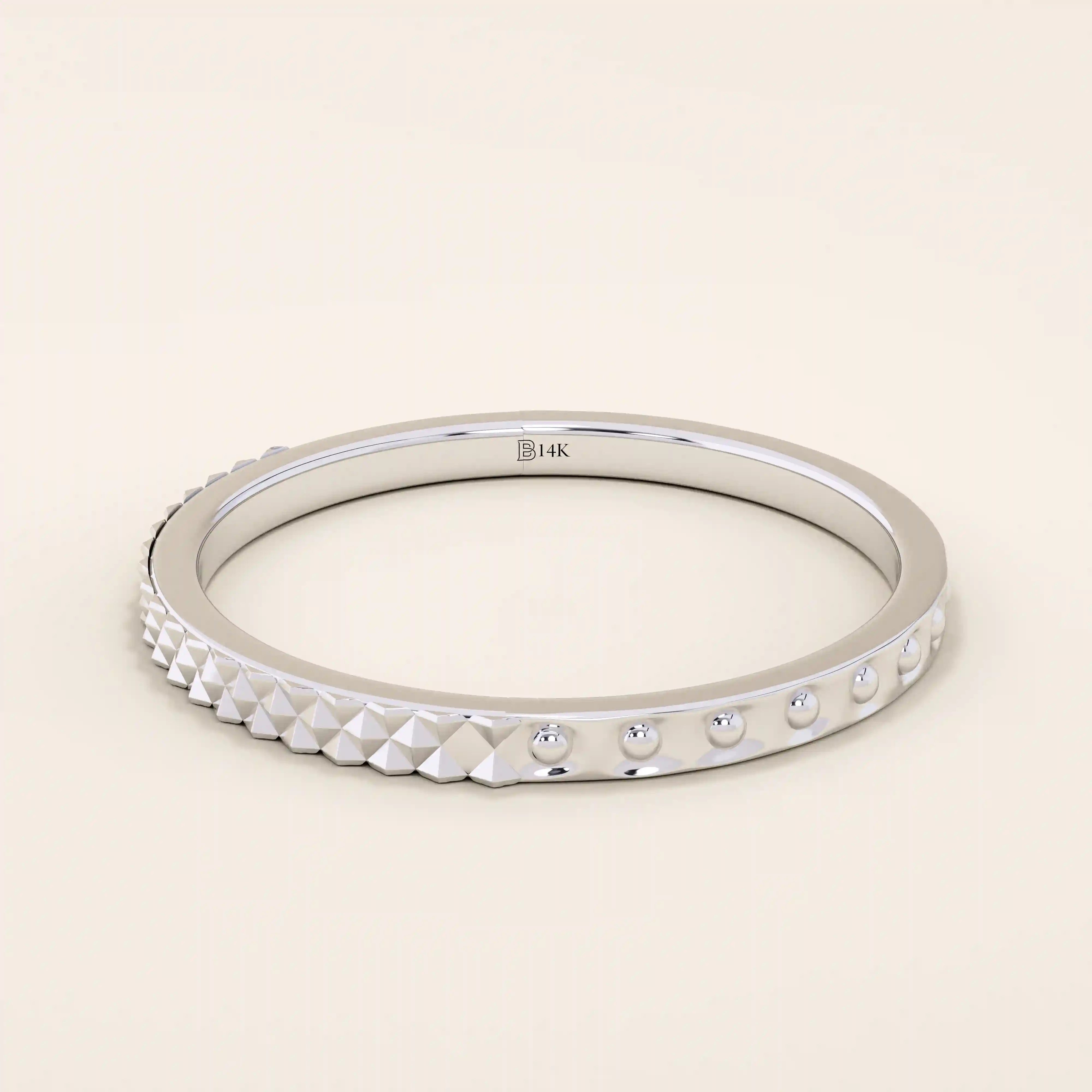 elegant slim stackable wedding ring with unique x pyramid and circle patterns on both sides in 14k solid yellow gold for both men and women