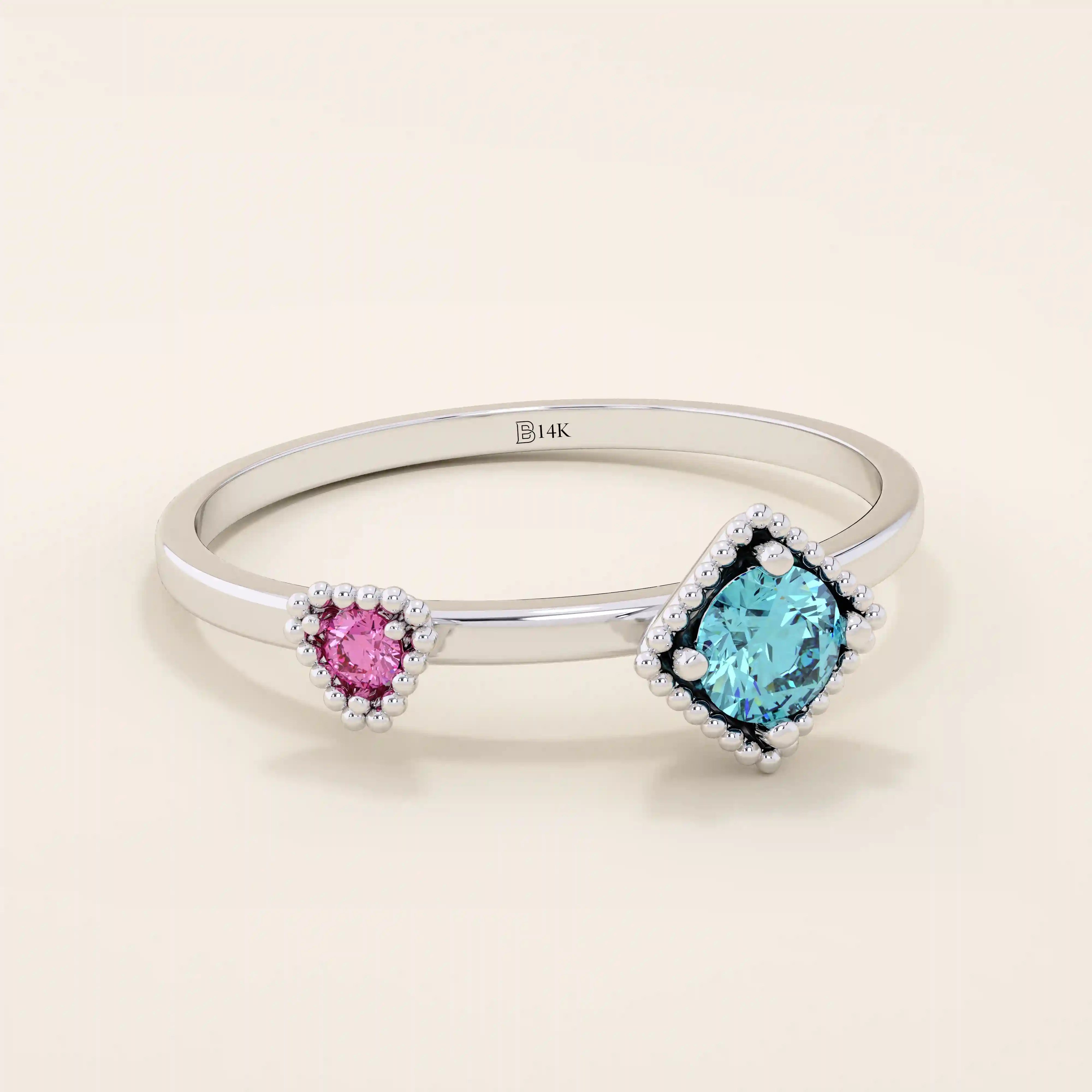 vintage design double lab grown birthstone pink and blue gemstone engagement ring for women