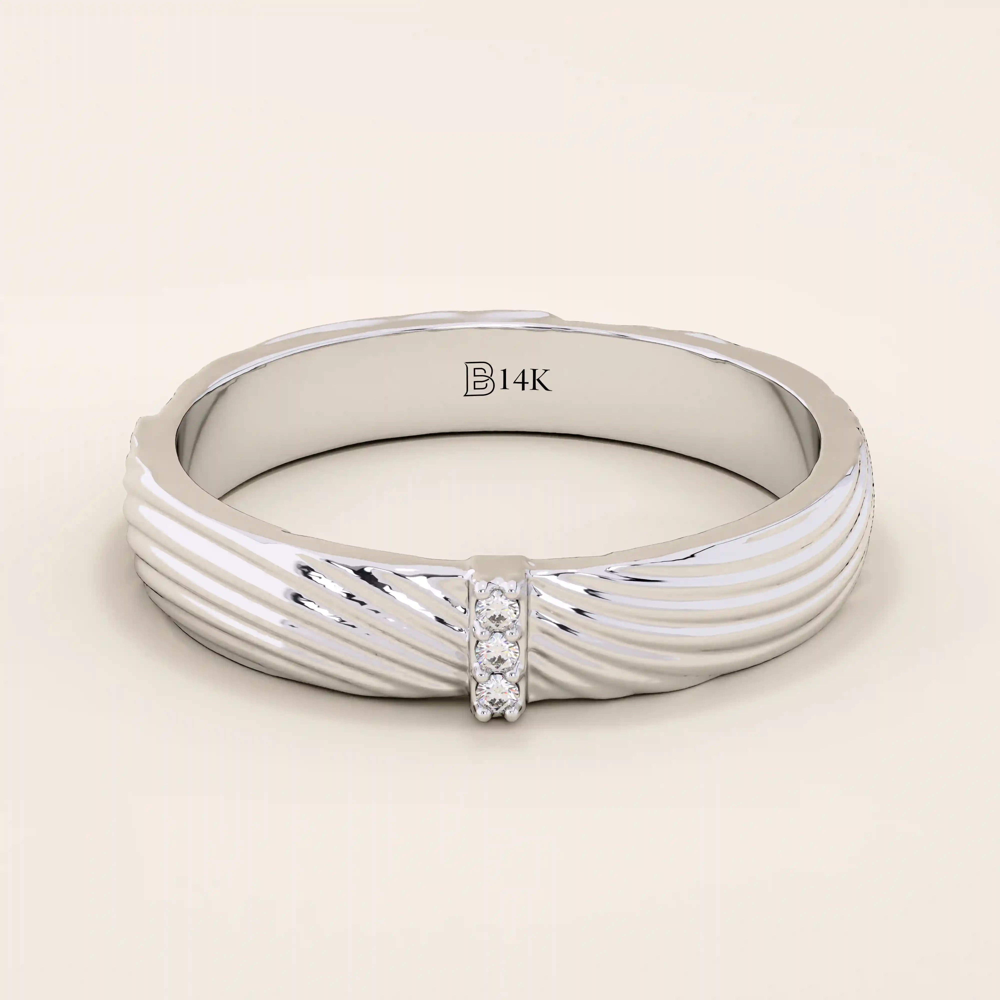 14k solid gold unisex design wavy pattern alliance wedding band paved with tiny moissanite stones