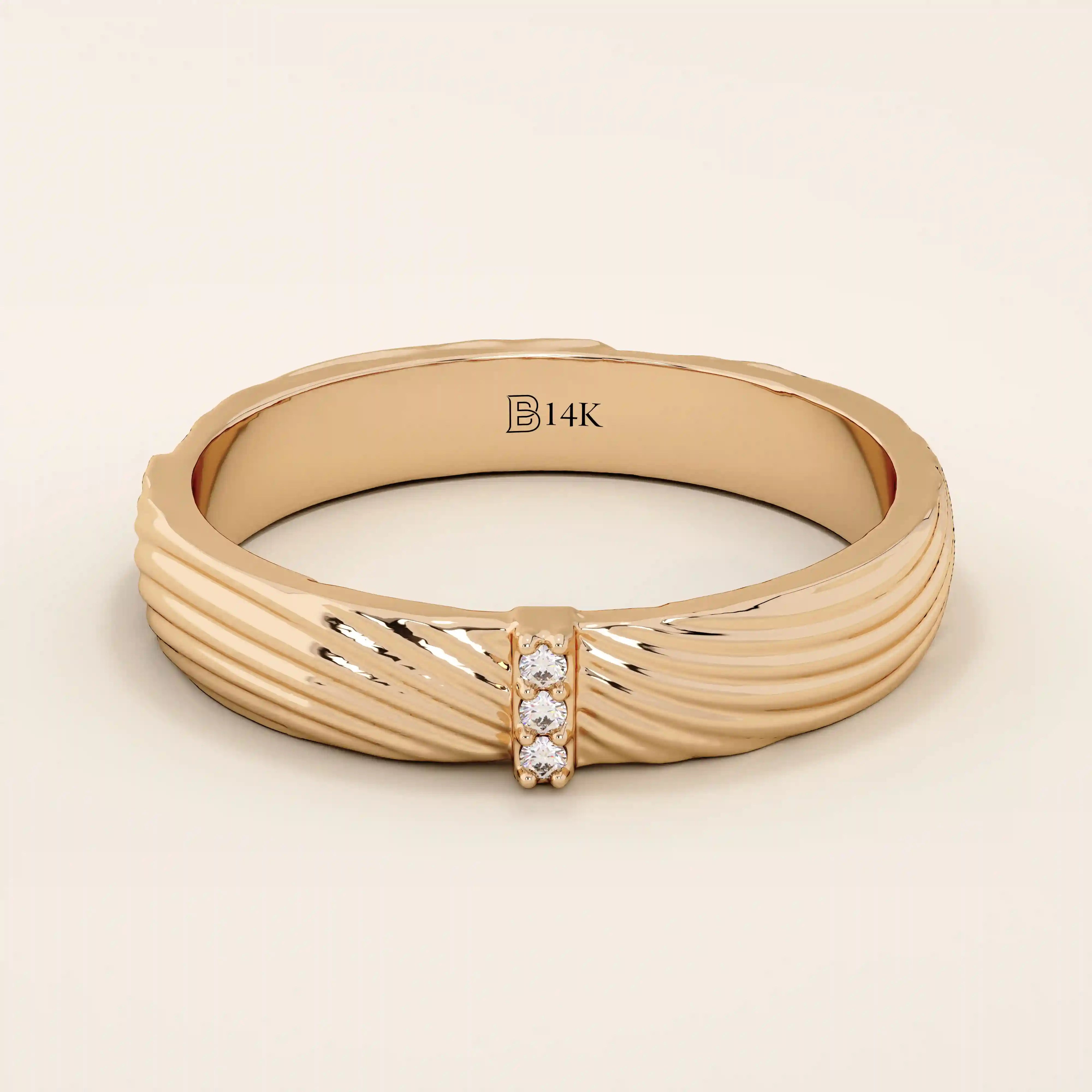 14k solid gold unisex design wavy pattern alliance wedding band paved with tiny moissanite stones