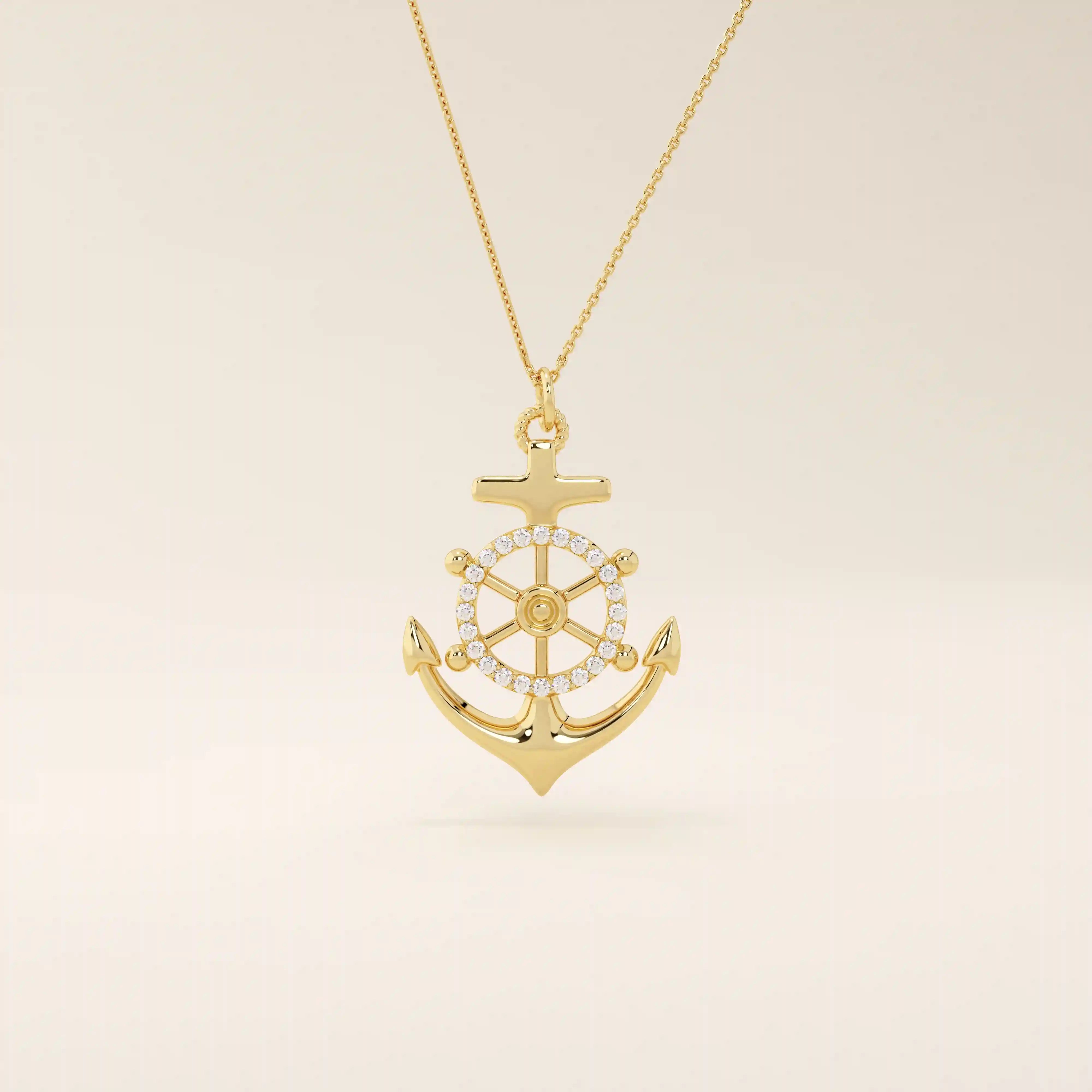 PAVE CZ WHEEL AND ANCHOR PENDANT NECKLACE IN 14K GOLD