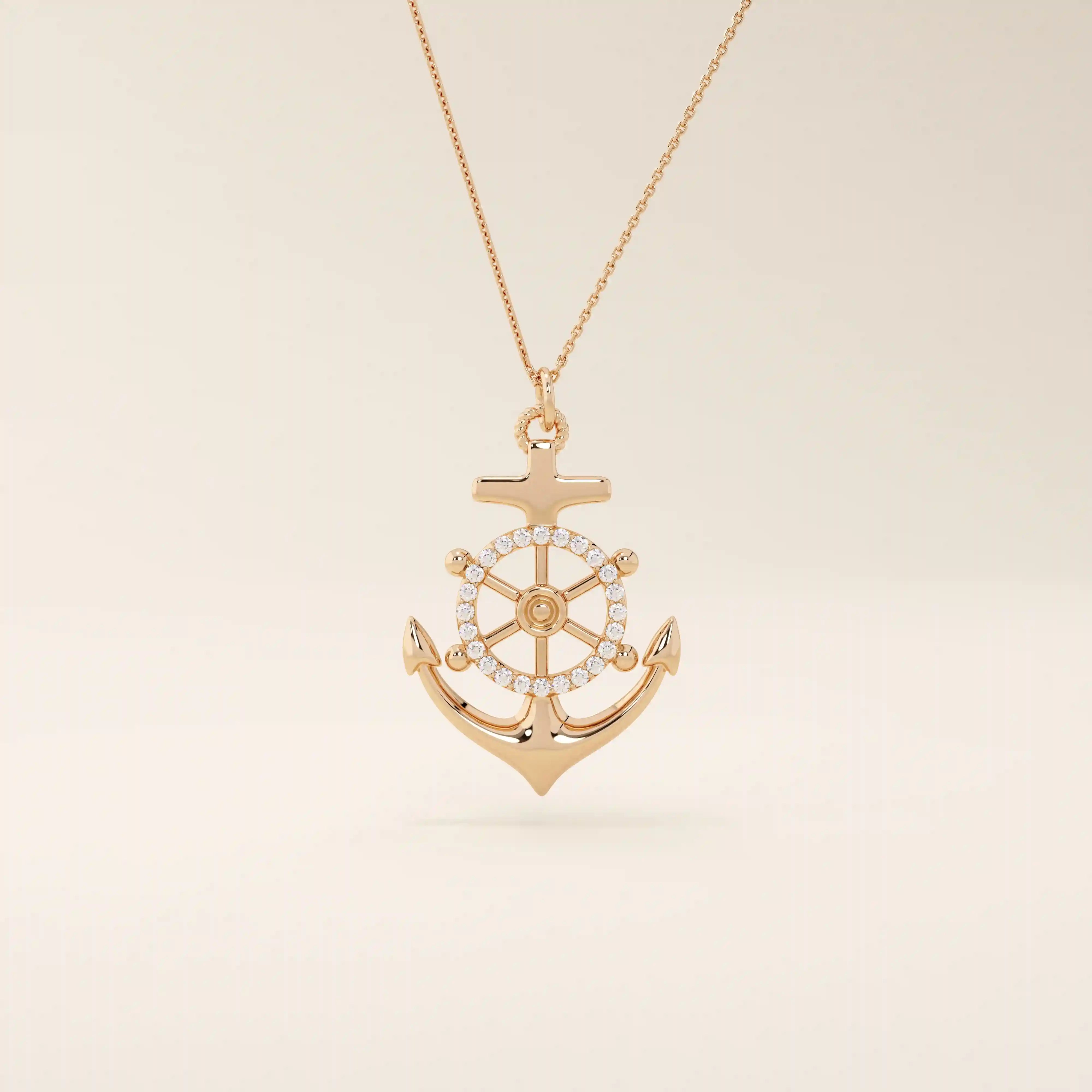 PAVE CZ WHEEL AND ANCHOR PENDANT NECKLACE IN 14K GOLD